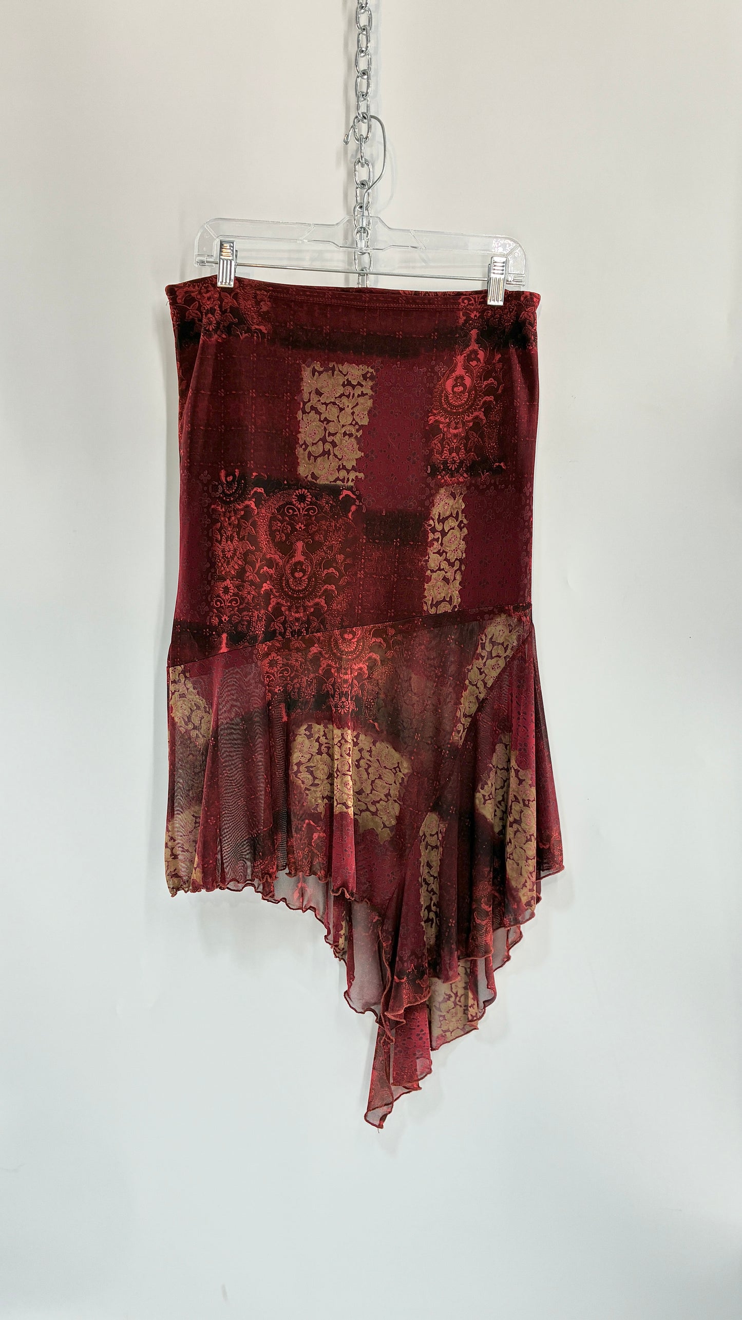 Vintage WET SEAL Maroon Graphic Handkerchief Hem Skirt (Small)