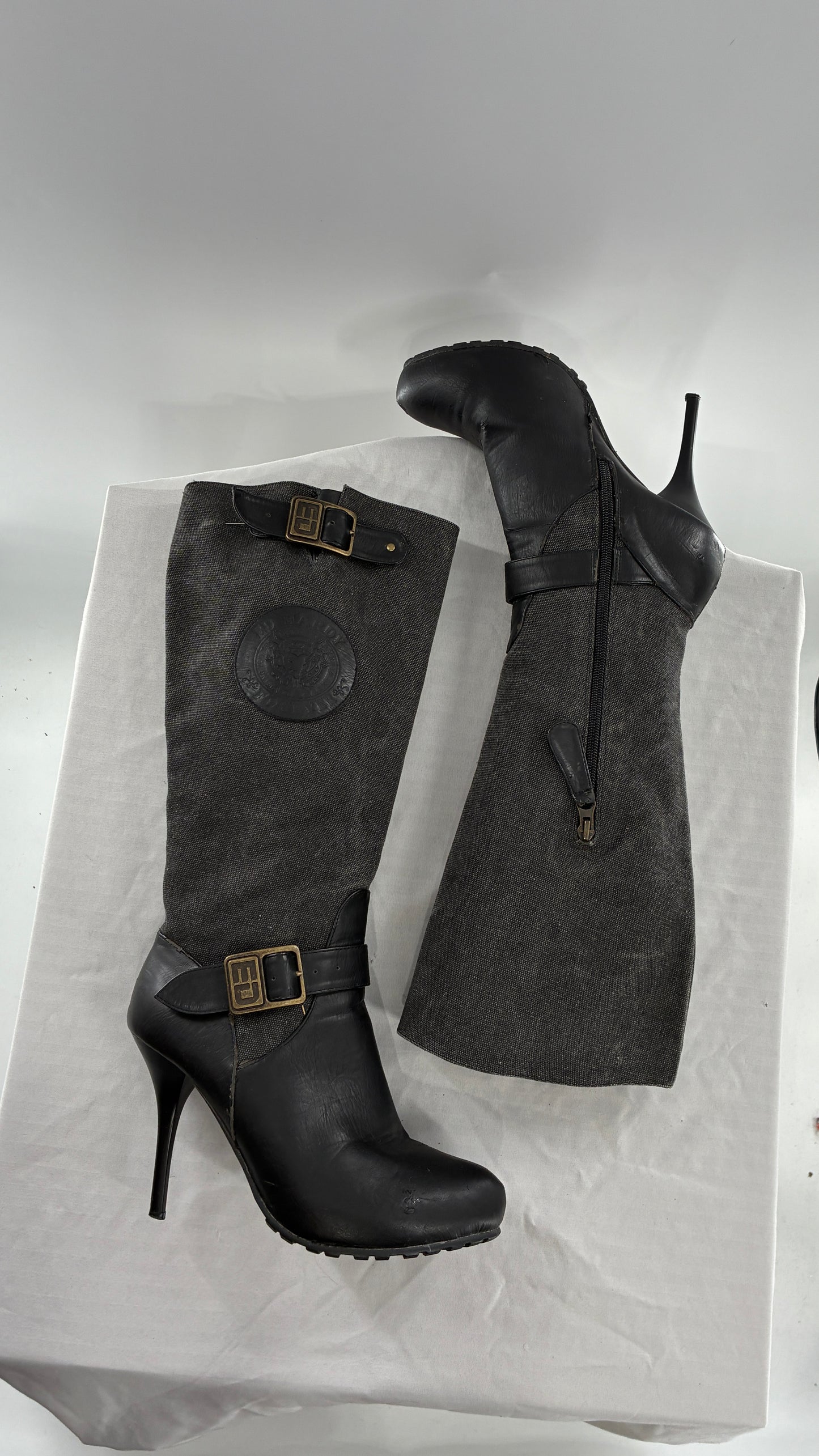 Vintage ED HARDY Stiletto Boots with Embossed Buckles and Badges (9)