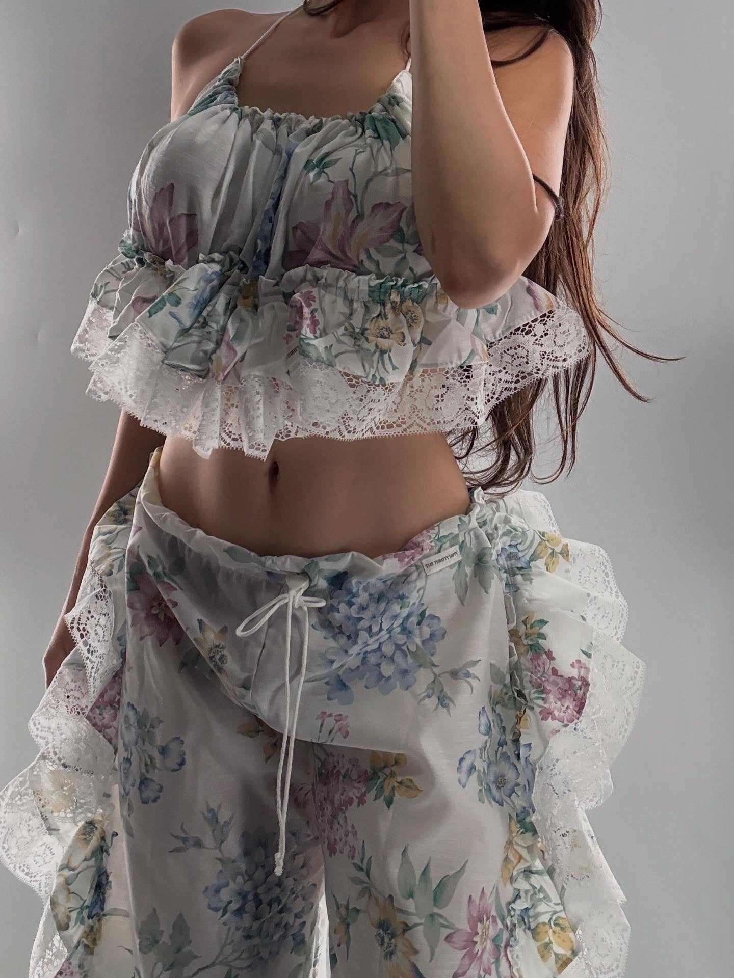 Handmade Vintage 2Piece Muted Pastels, Wispy Florals Ruffled Bum Set (XS-XL)