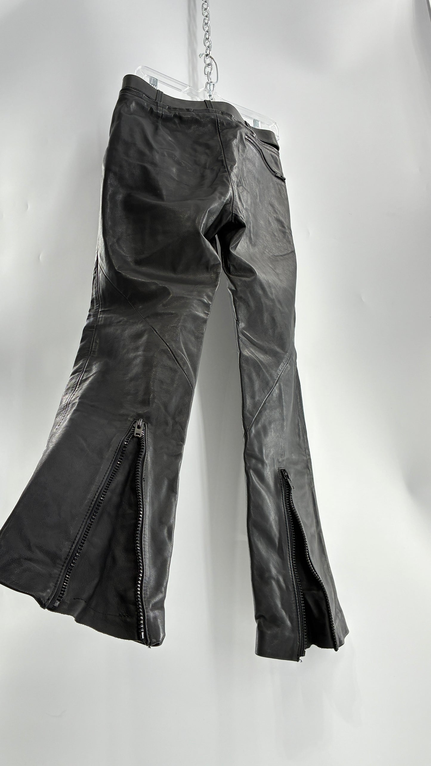 Vintage Black Italian Leather Motorcycyle Pants with Built In Belt and Zipper Detailing (XS)
