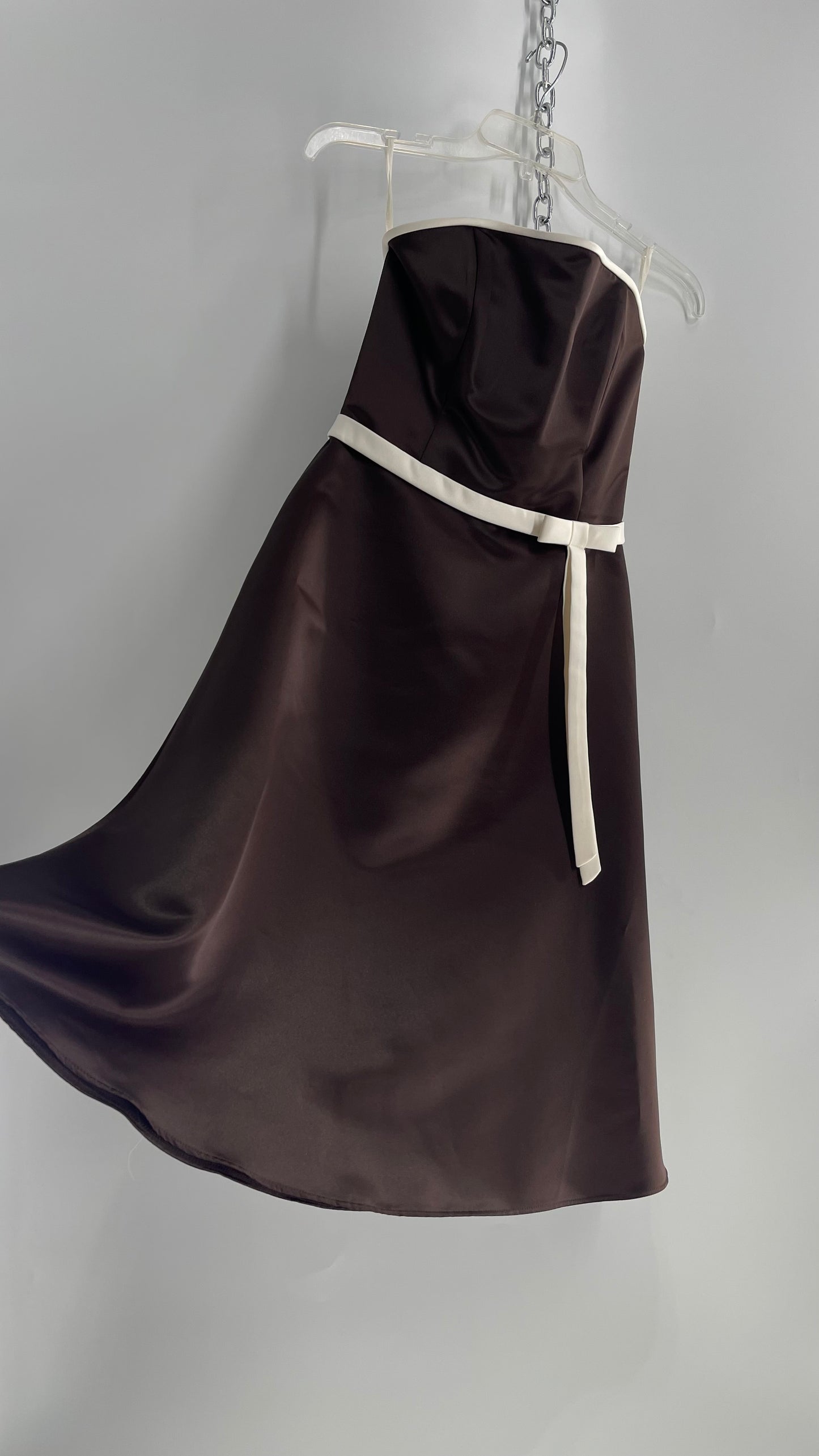 Vintage 90s Style Scott McClintock Dark Brown Satin A-Line Dress with Straight Bust Line (6)