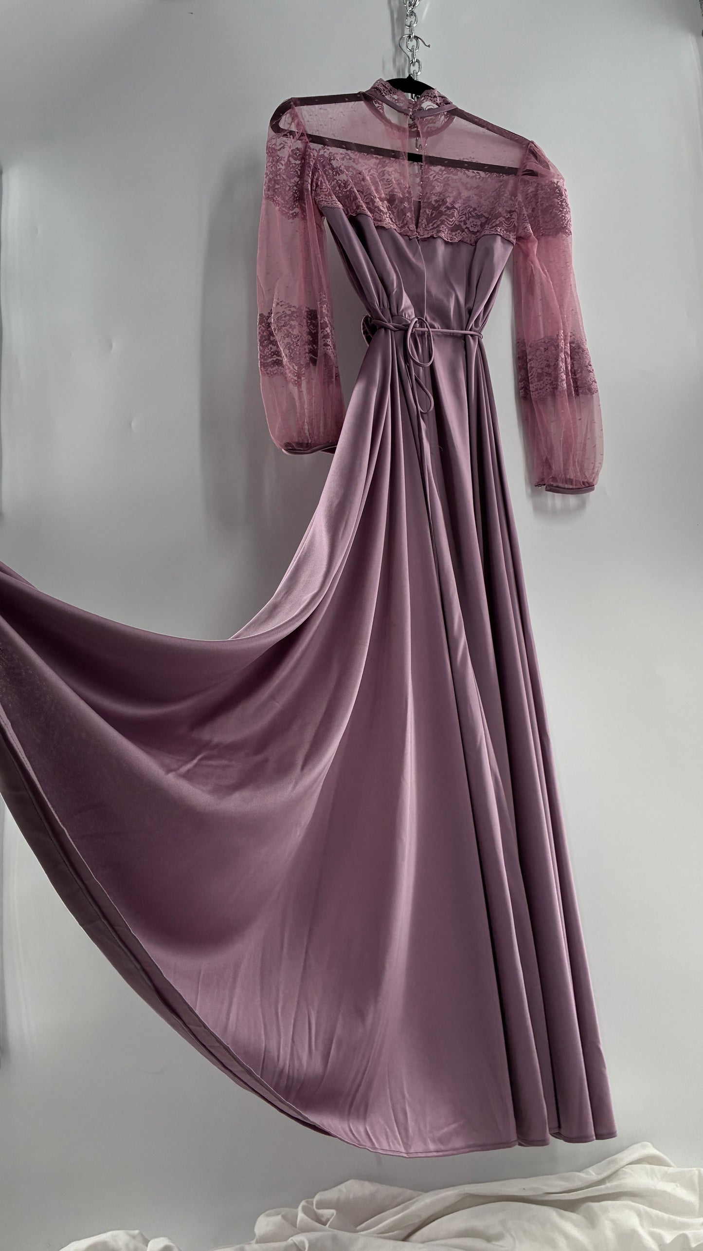 Vintage Handmade Dusty Purple Mauve Bubble Sleeve Maxi Dress (XS/S)