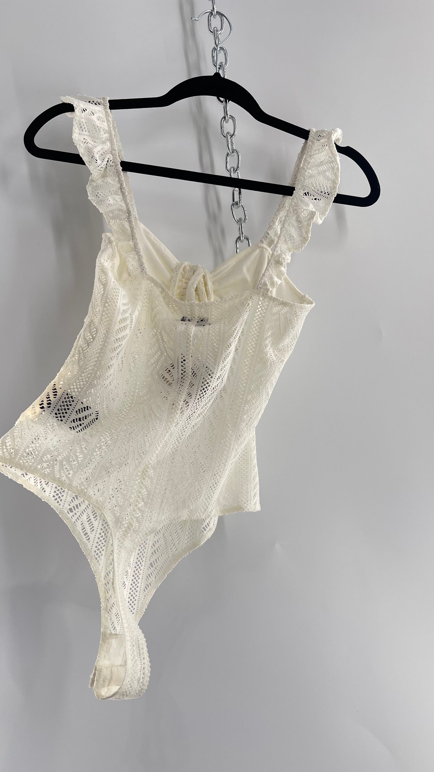 Urban Outfitters White Lace Bodysuit with Ruched Bust and Ruffle Sleeve Detail (S)
