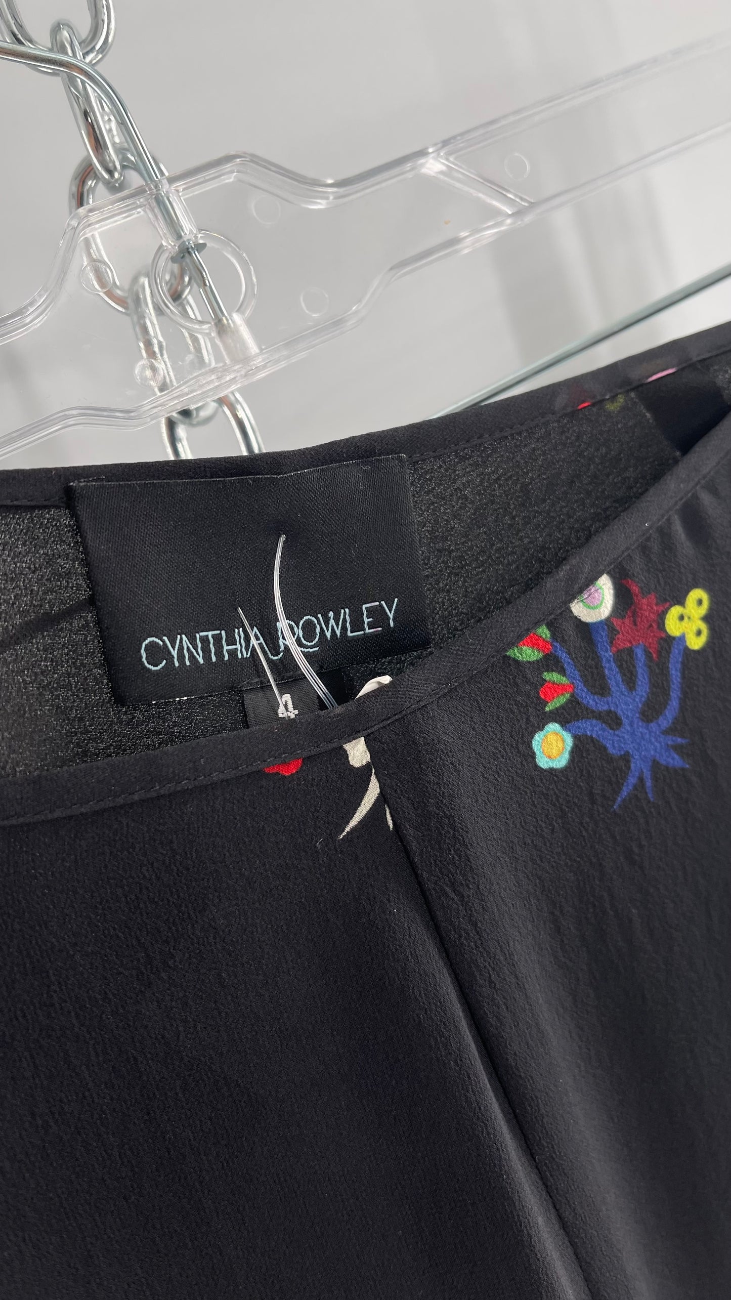Cynthia Rowley Black Flared Pants with Colorful Abstract Florals, Dual Lining and Ruffle Trim (4)