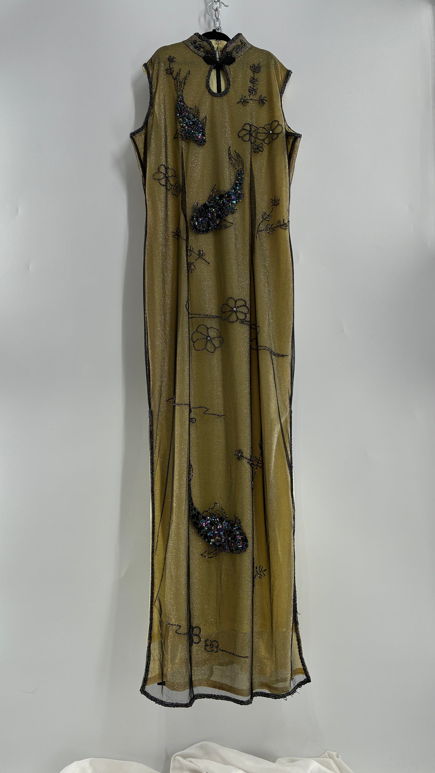 Vintage 1990s One of a Kind Handmade, Green Gown with Beaded Koi Fish, Metallic Tulle Overlay, and Symmetric Back (Medium)