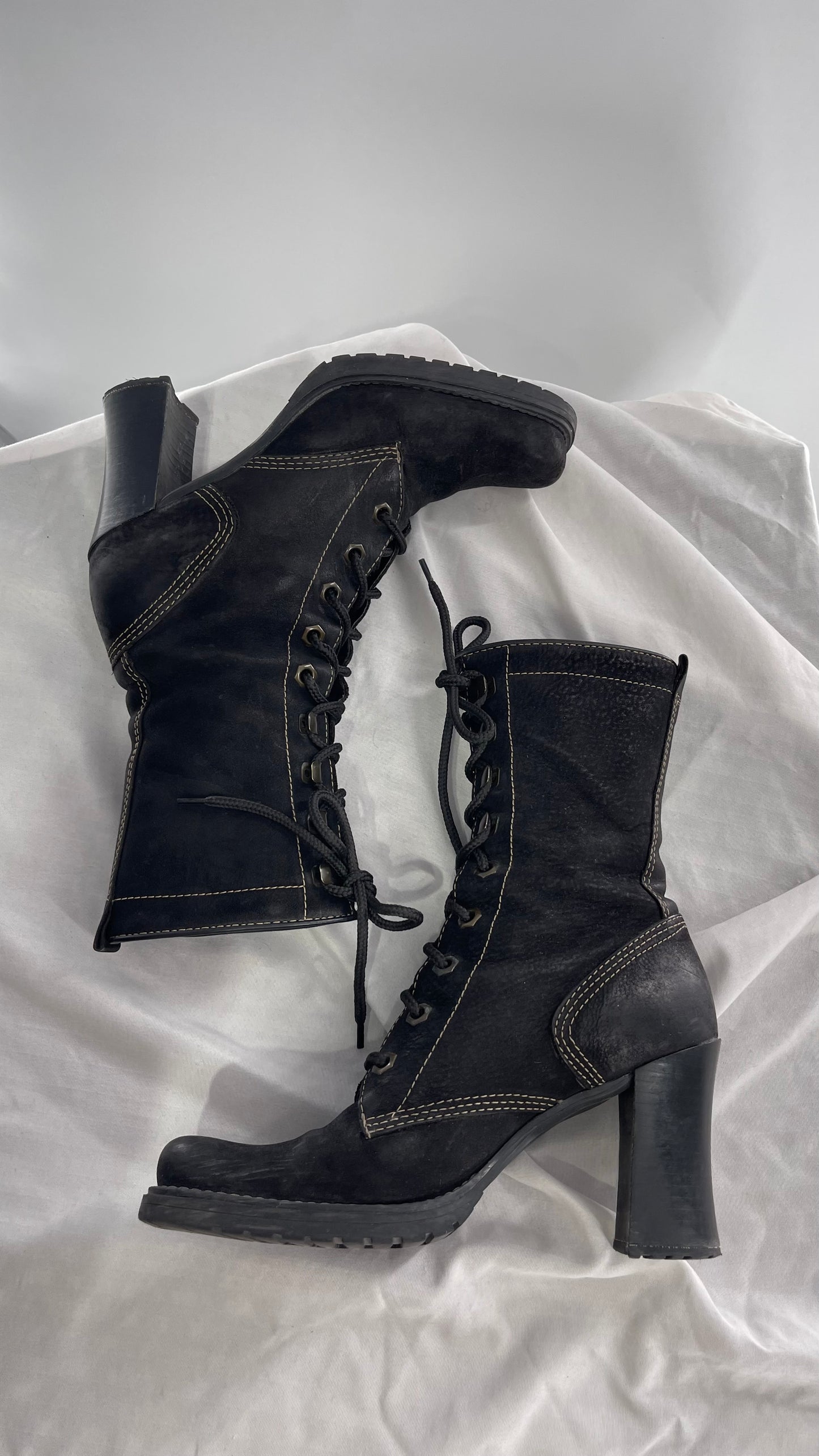 Vintage Nine West Leather Black Lace Up Combat Boots (7)
