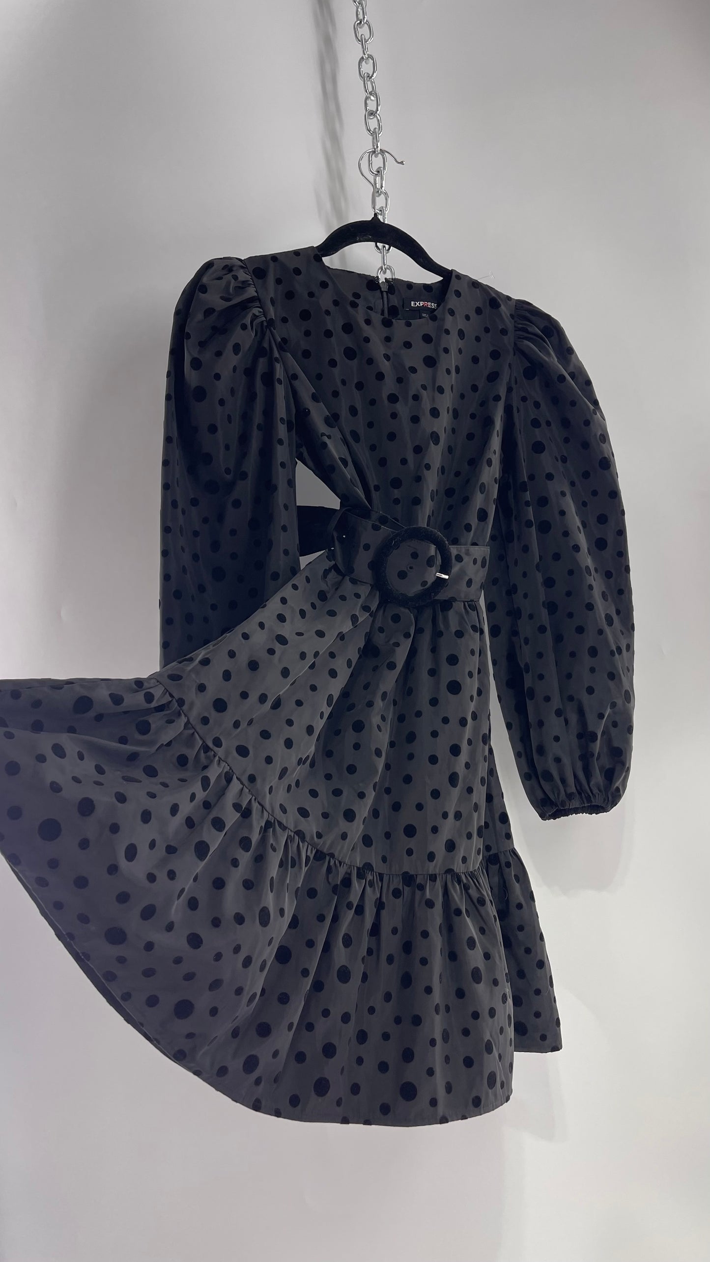 Express Black Taffeta Flare Out Dress with Balloon Sleeves, Velvet Polka Dot Pattern and Round Velour Belt Buckle (XS)