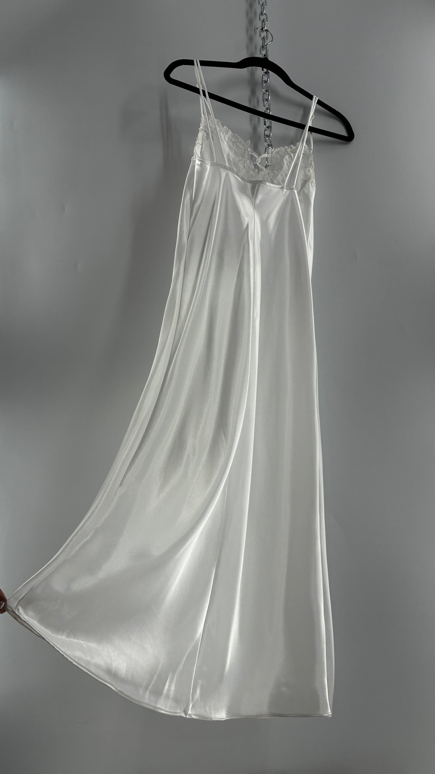 Vintage California Dynasty White Glossy, Silky Night Gown Style Dress with Sequined Lace Bustline (Small)