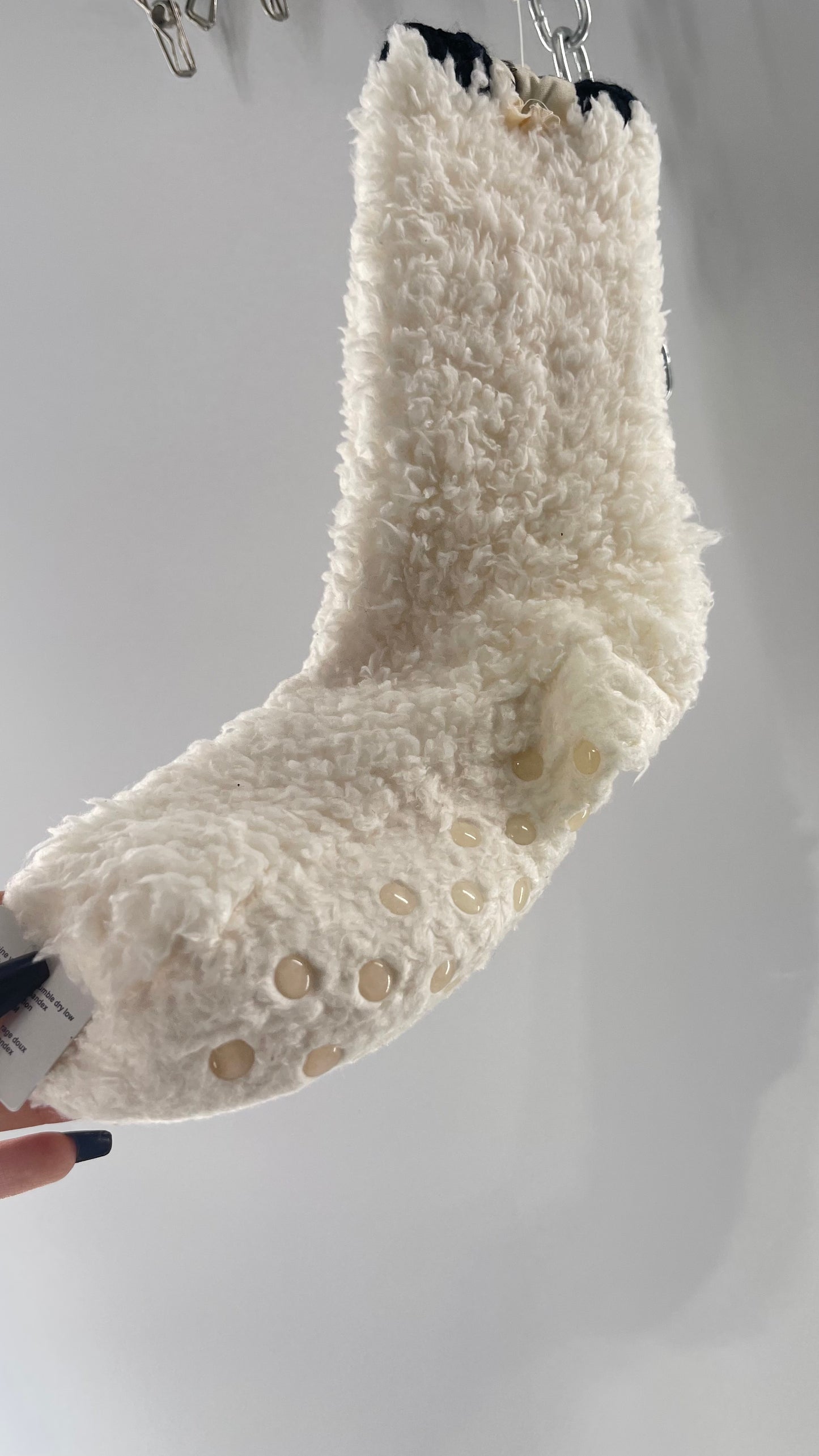 Free People White Fluffy Socks with Sole Grips with Black Stitched Detail on the Ankle