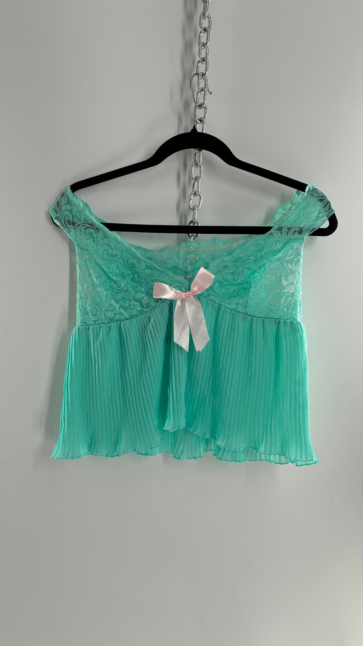 DREAMGIRL Vintage 1990s Teal Wide Neck Babydoll Camisole with Baby Pink Bow (Medium)