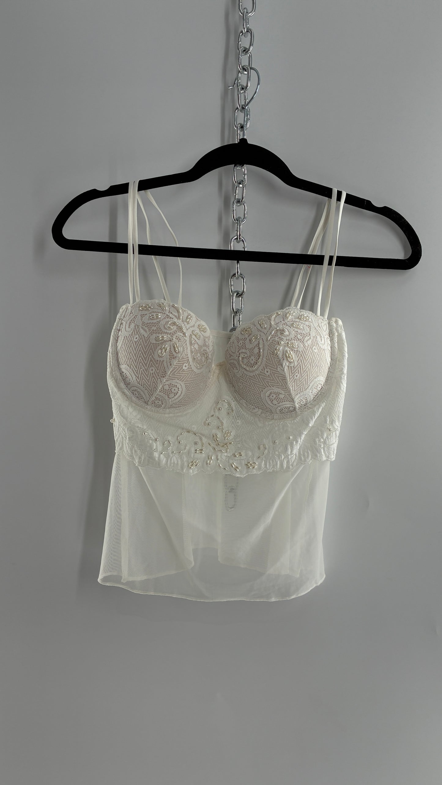 Vintage LA FRESCA White Lace Bustier Babydoll with Mesh Bodice and Beaded Cups/Band (Large)