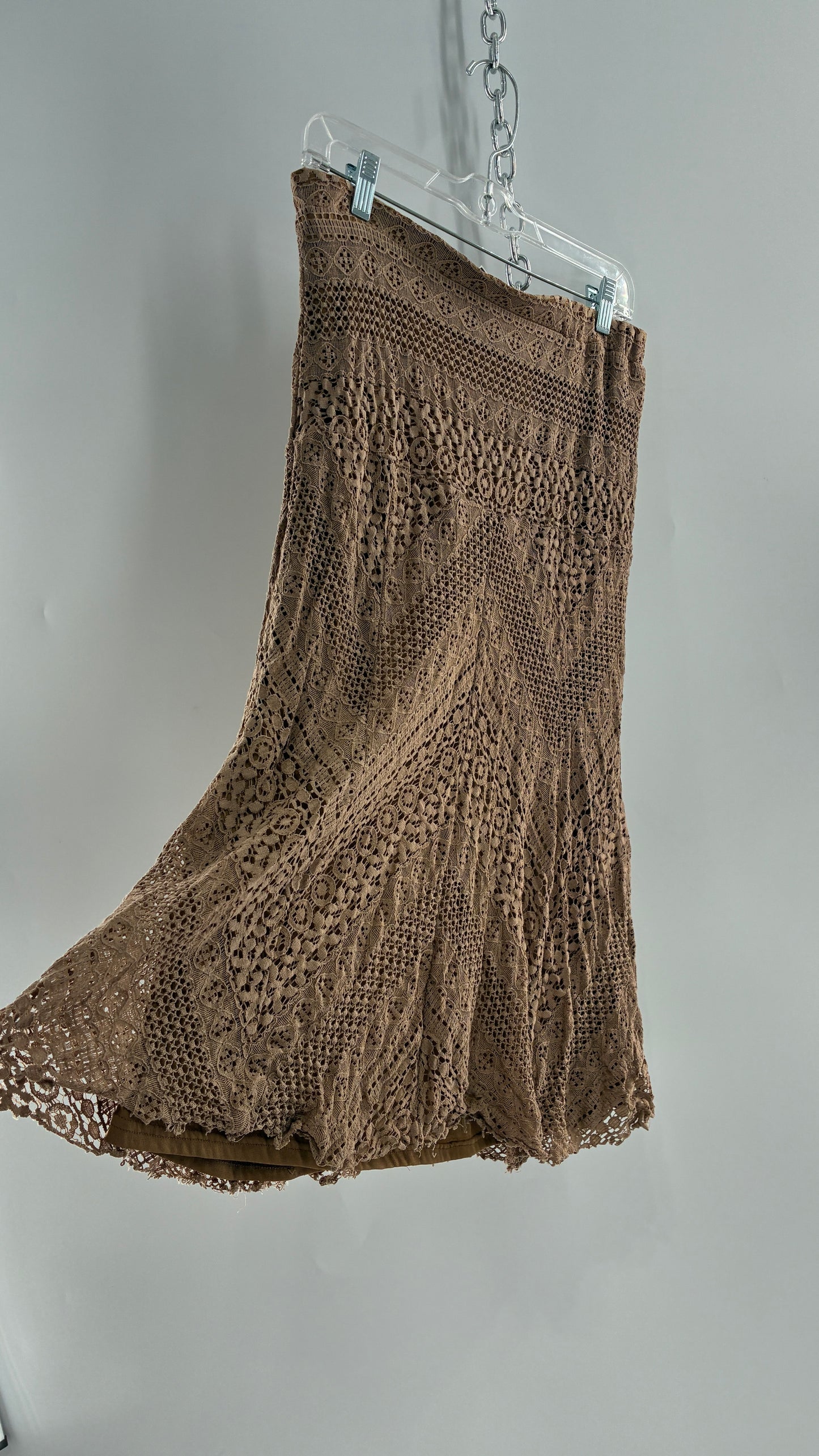 Vintage SOLITAIRE Tan Brown Lace Midi Skirt (Medium)