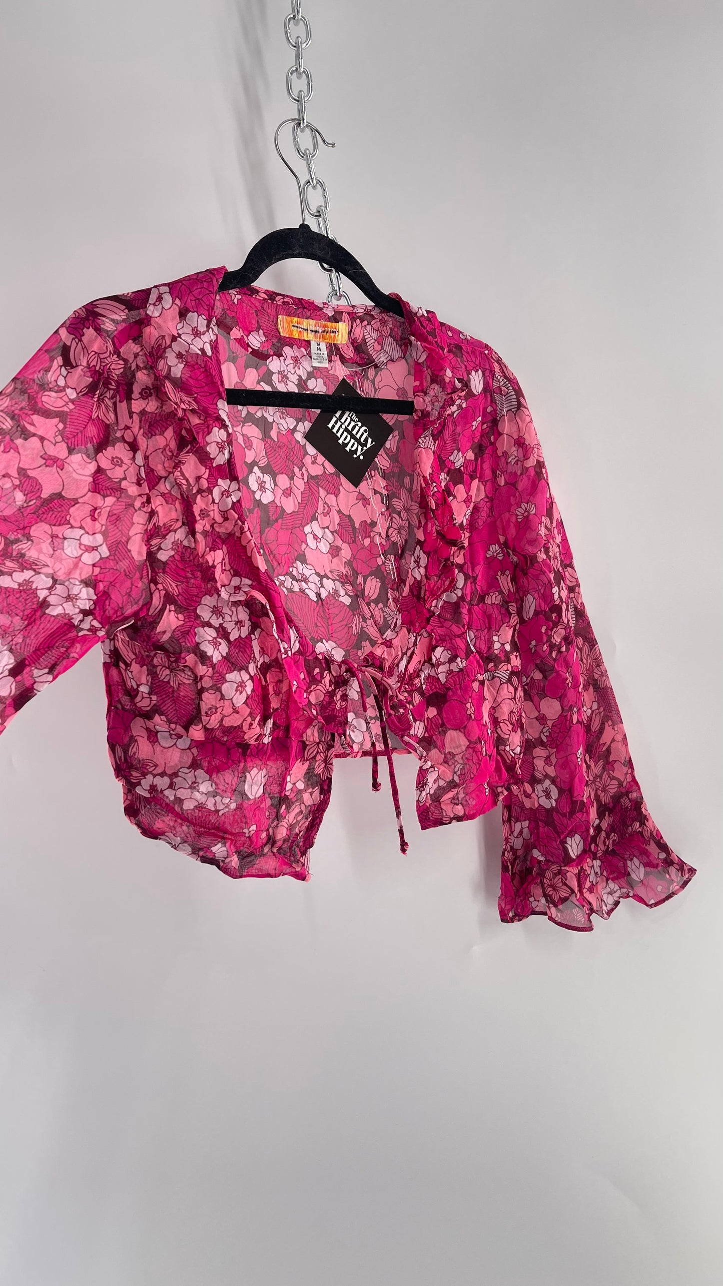 Urban Outfitters Fuchsia 100% Viscose Floral Tie Front, Ruffled Blouse