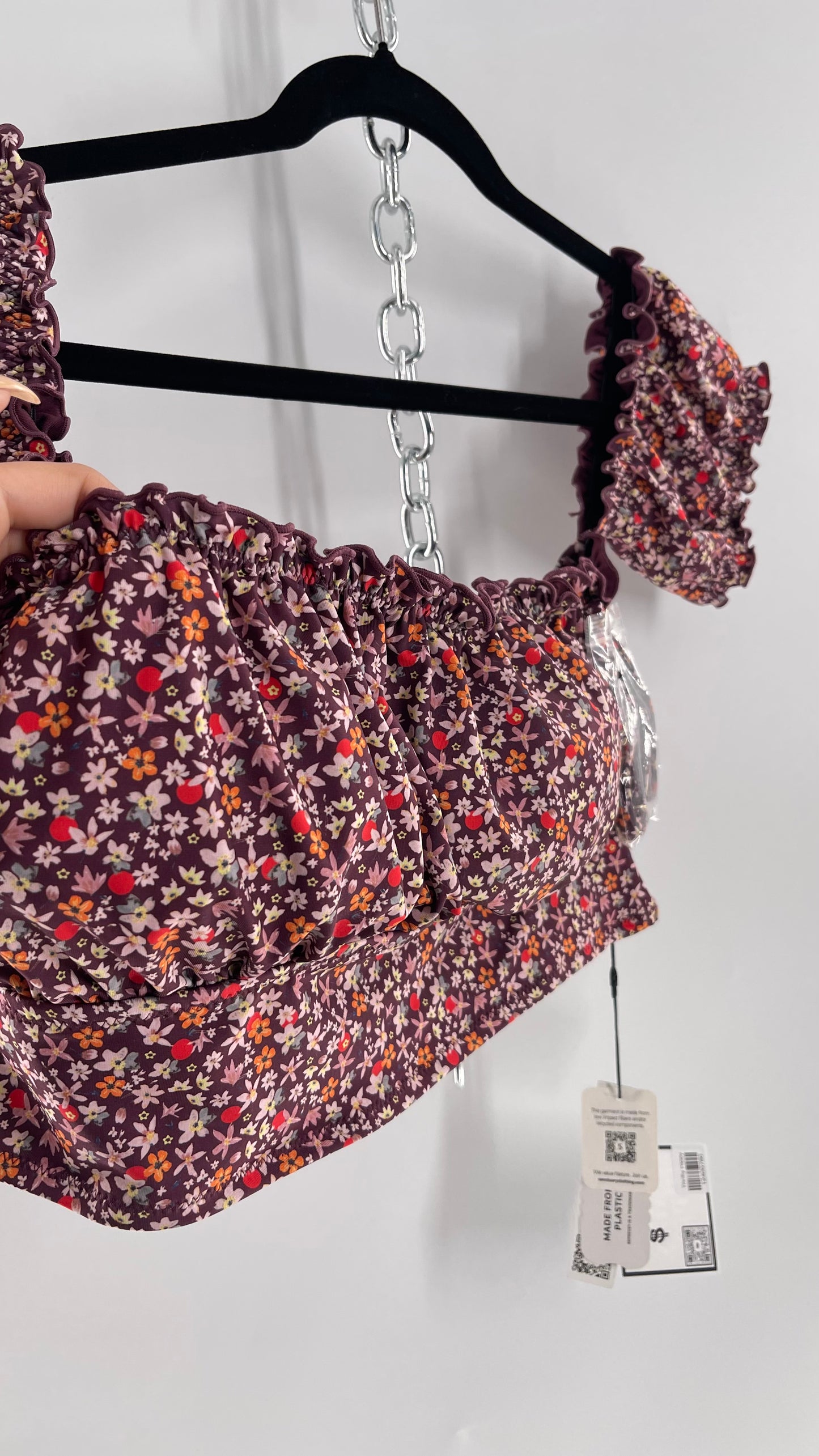 Free People Sanctuary Swim Purple Floral Milkmaid Bust Crop (XL)