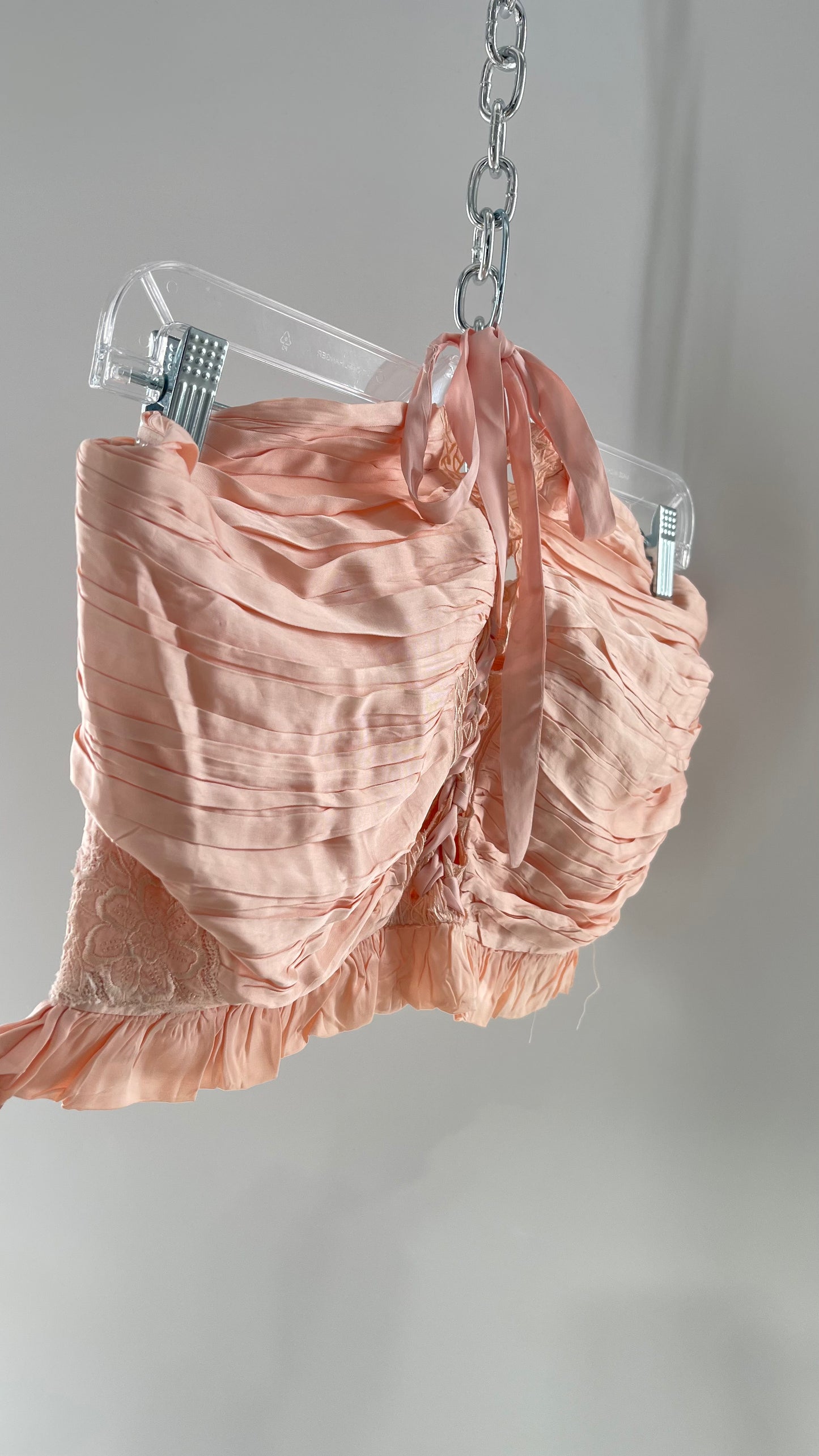 Free People Pink Viscose Pleated Tube Top with Ribbon Lace Up Bodice, Embroidered Flower Detail, and Ruffled Hem (Large)
