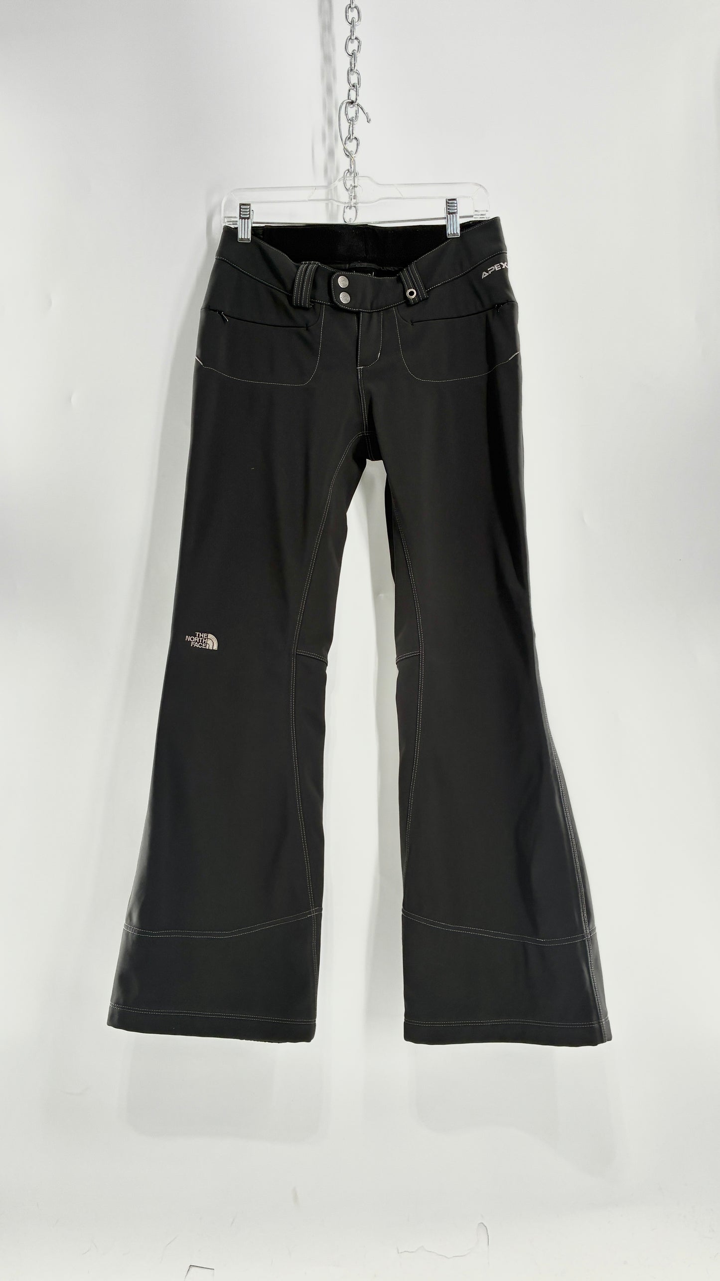 Vintage North Face Dark Gray, Low Rise, Kick Flare Pants with Contrast Stitching, Side Closure and Oversized Bum Pockets (Small)