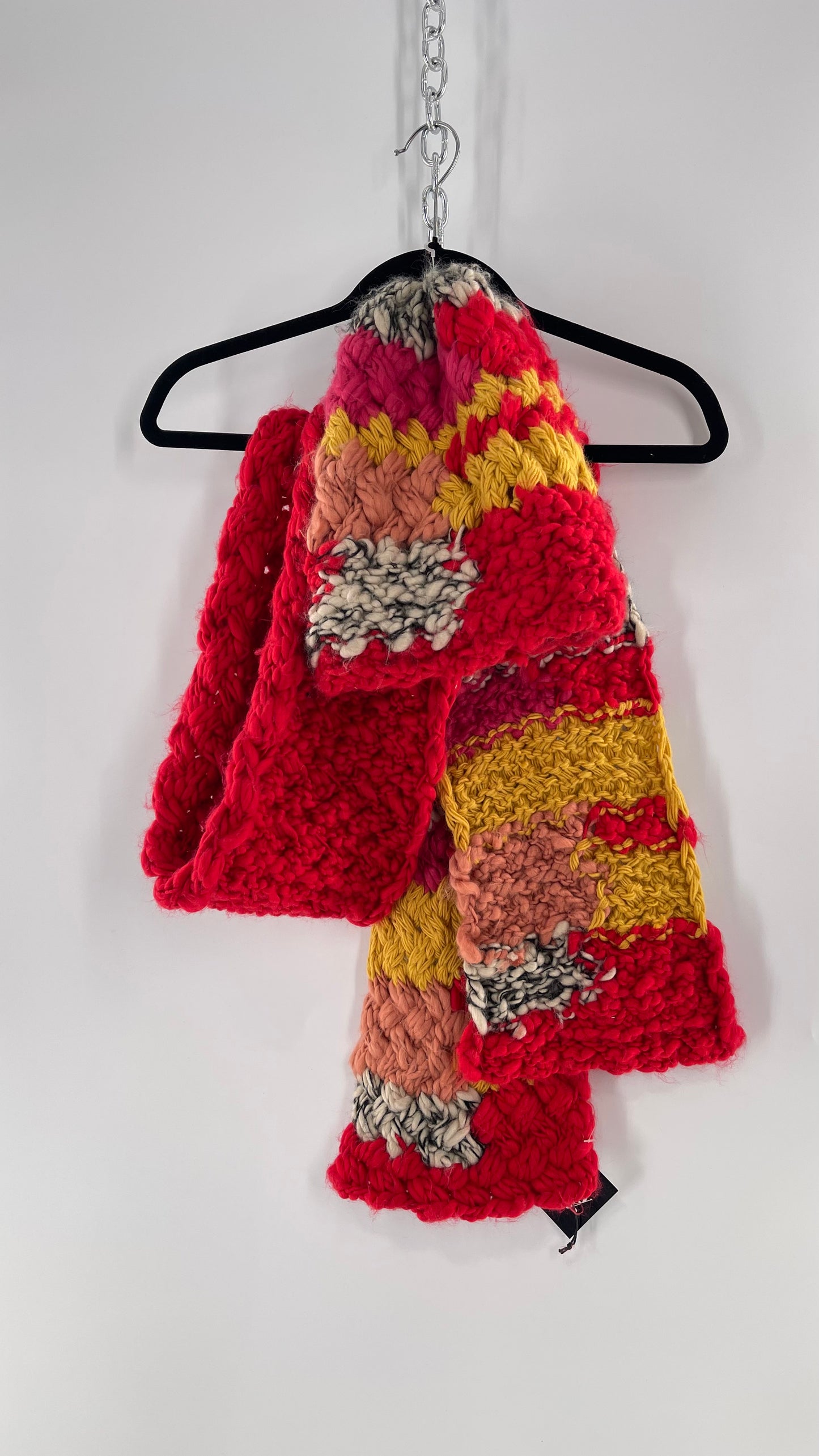 Anthropologie Hand Knit Red/Peach/Yellow Scarf and Beanie Set
