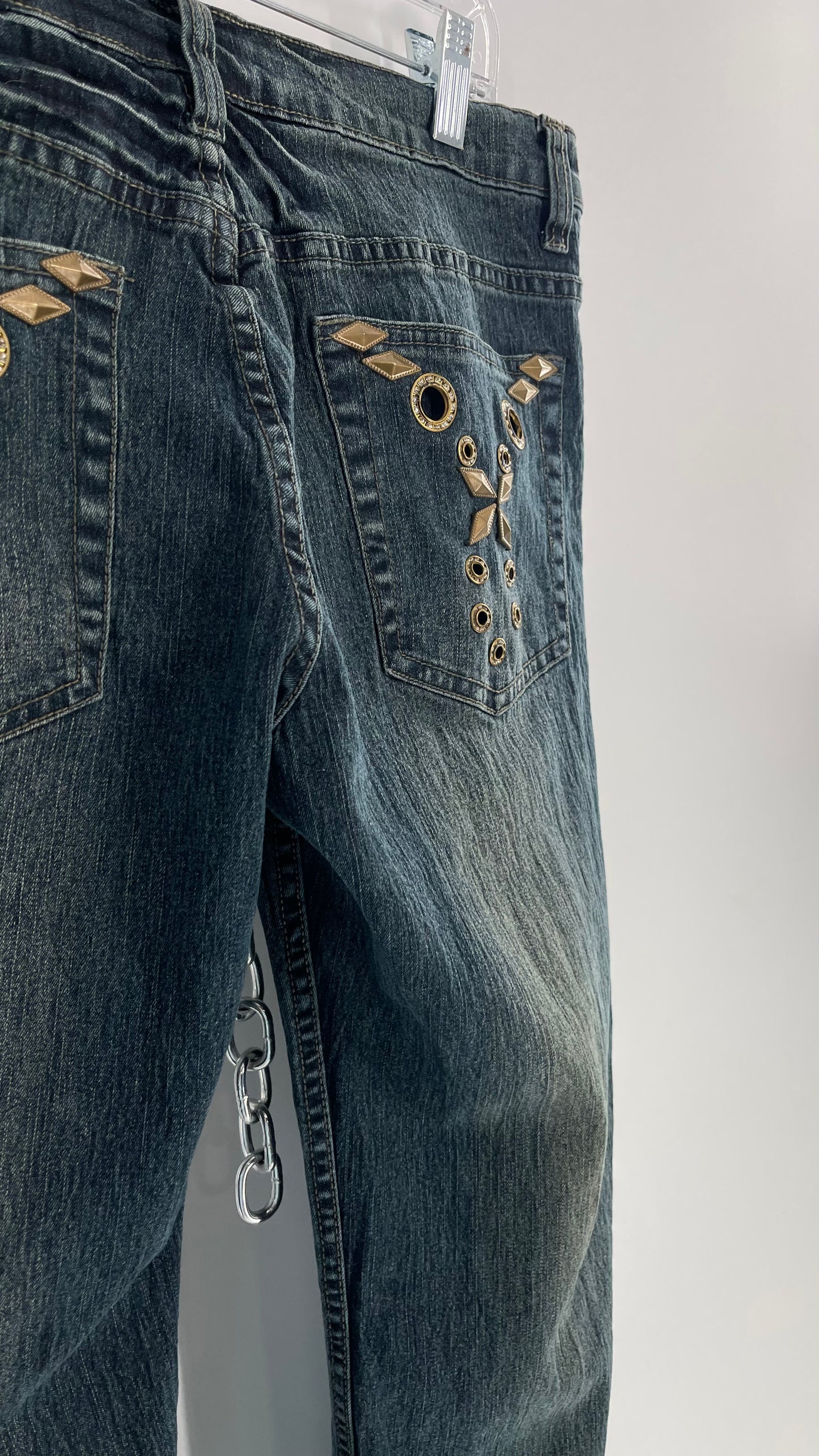 Vintage Blue Pointe Kickflare Medium Wash Jeans with Gold Rhinestone Metal Jewels (13)