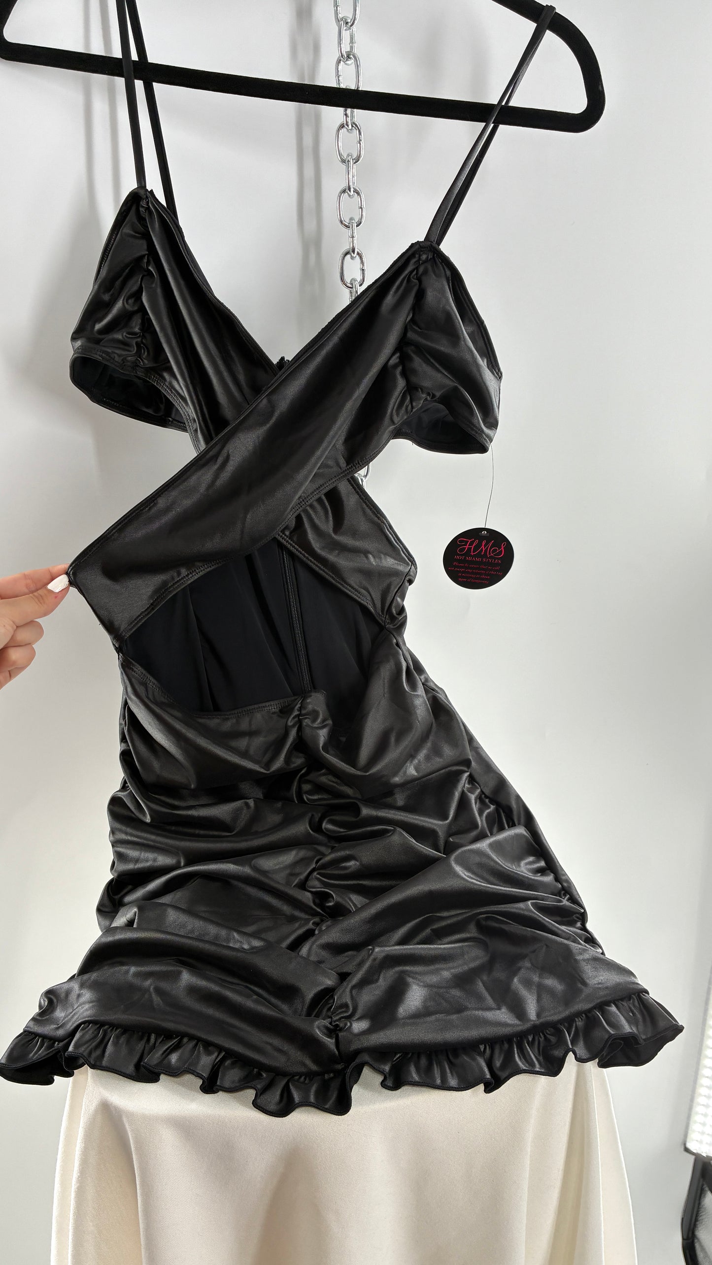 Deadstock Vintage HOT MIAMI STYLES Black Mini Dress with Ruffled Hem, Cut Out Design, and Ruched Body (Large)