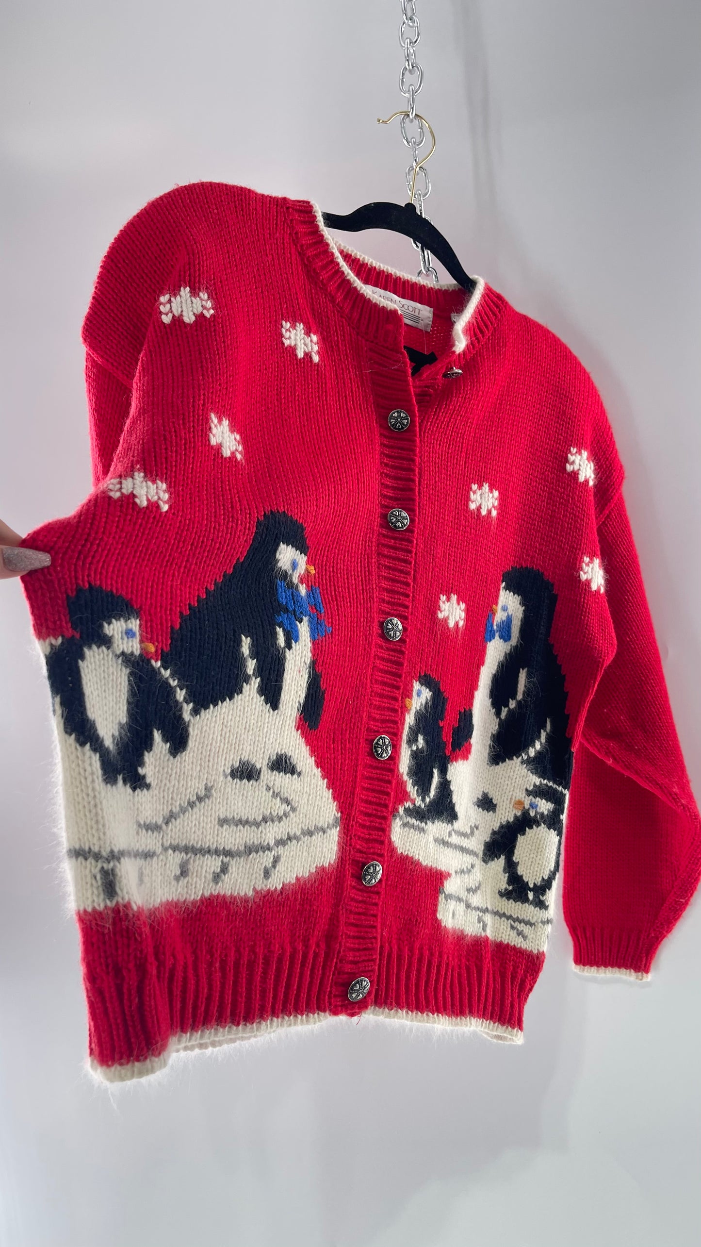 Vintage Karen Scott Silver Button Front, Red Cardigan with Shoulder Padding and the Sweetest Festive Penguins in Bow Ties (Large)