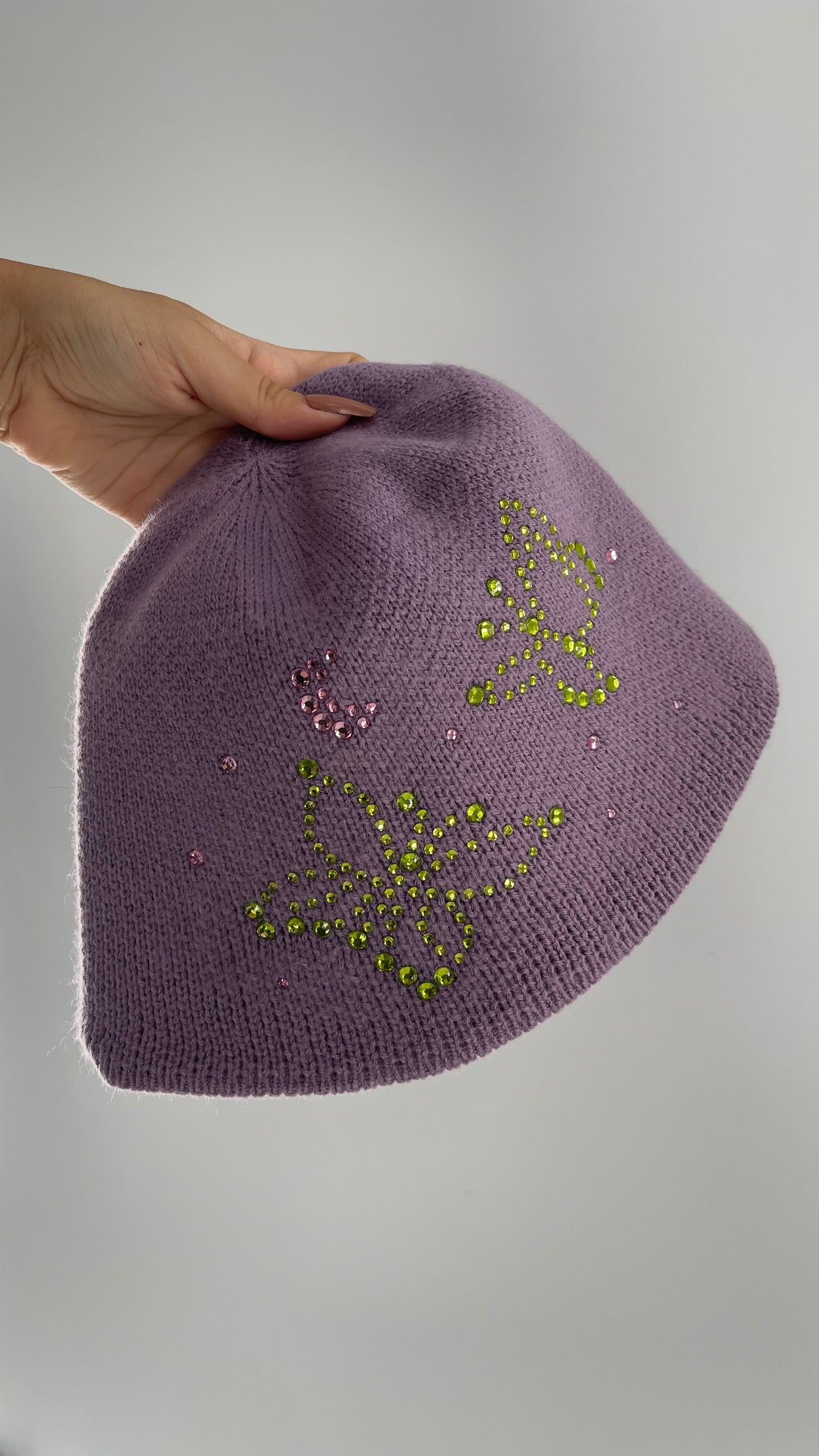Urban Outfitters Lavender/Lilac Purple Knit Bucket Hat with Rhinestone Butterfly Details