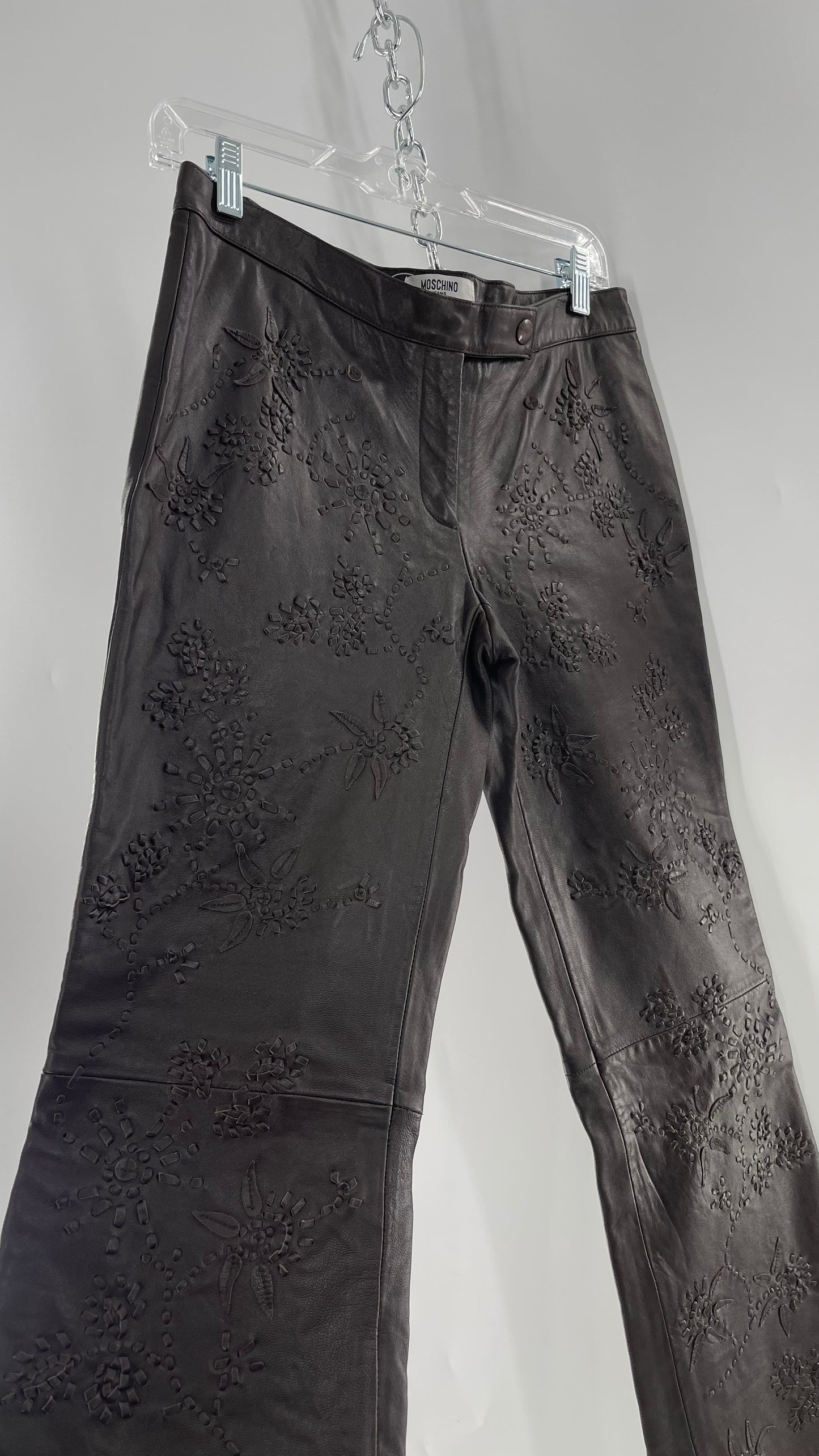 Moschino Brown Leather Embroidered Pants (10) ***WITH TAGS***