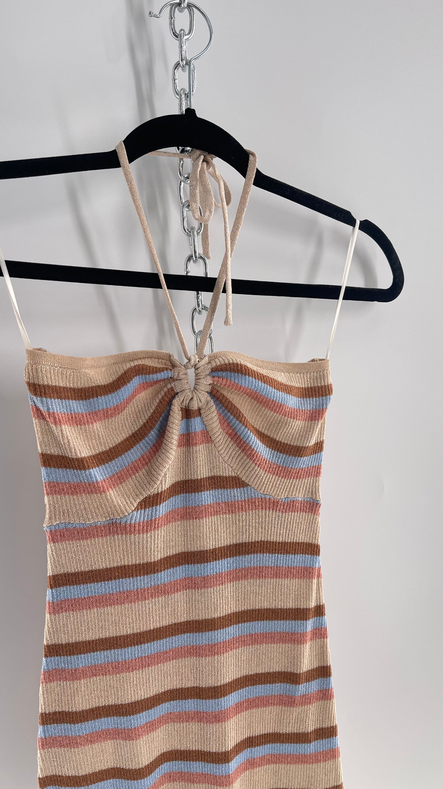 Princess Polly Beige/Blue/Pink Striped Glitter/Tinsel Knit Mini Dress (XS/S)