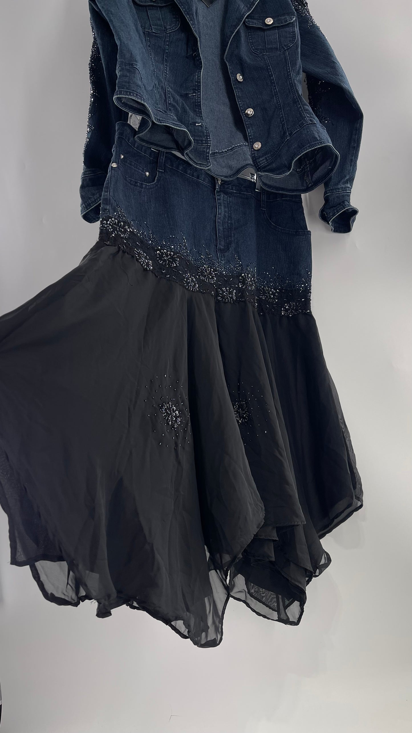 Vintage Ashley Stewart Denim Skirt and Button Up Set with Black Embroidered and Beaded Lace Details + Handkerchief Skirt (16W)