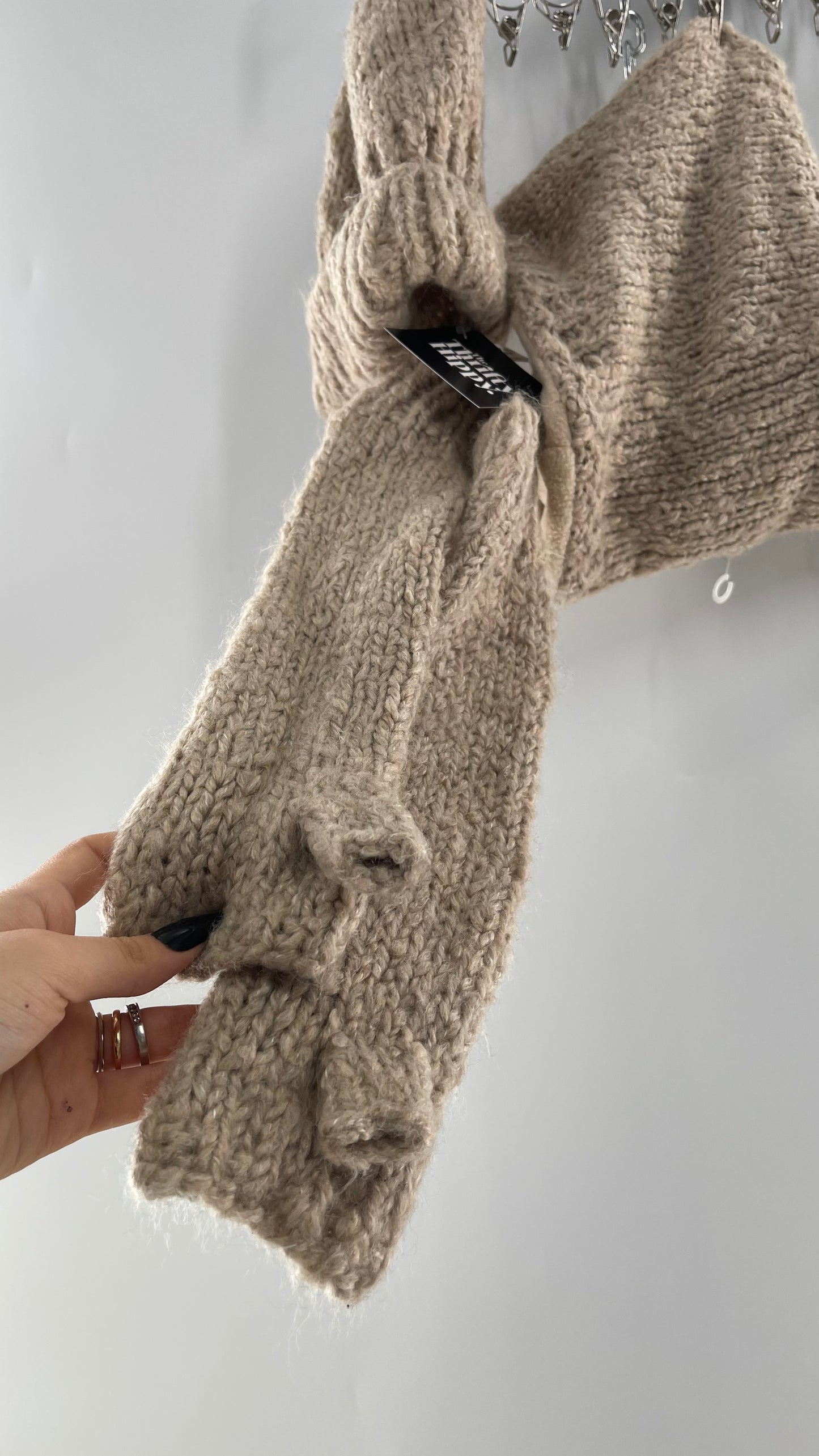 Free People Beige/Tan Knit Gloves, Hat and Scarf Set