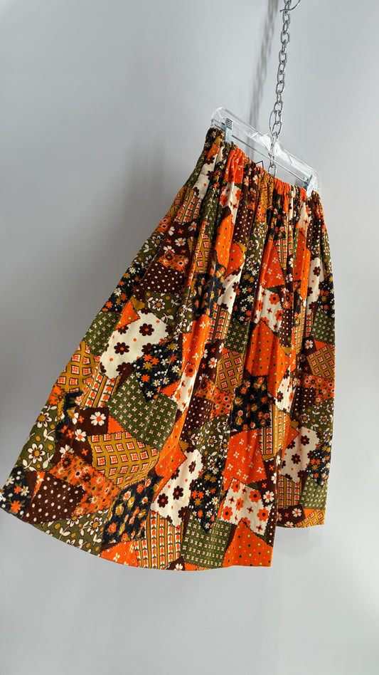 Vintage 1970s Handmade Corduroy Patchwork Patterned Full Skirt  (S/M)
