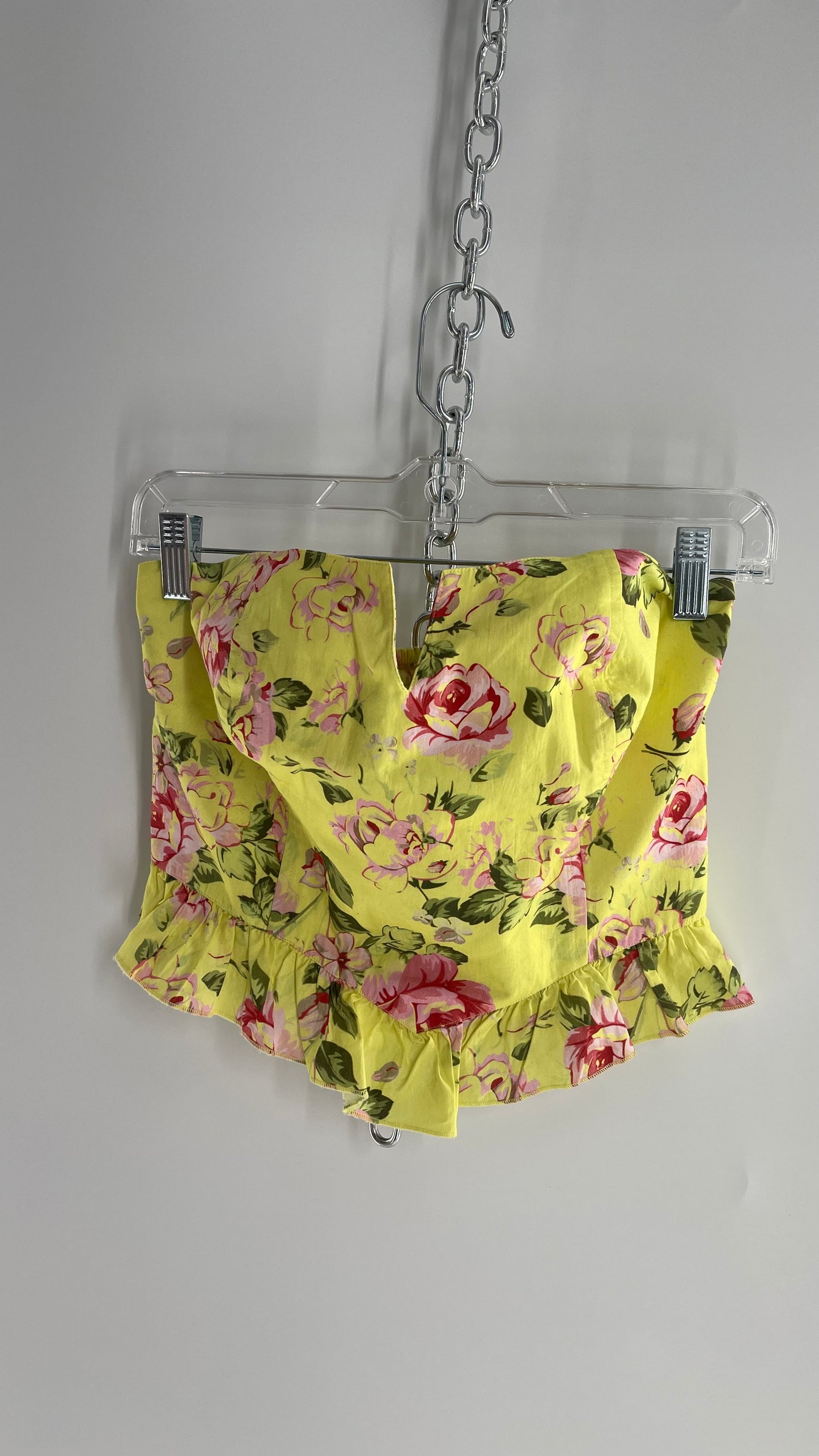 Upcycled Urban Outfitters Yellow Floral Corseted Top with Sweetheart Neckline and Ruffled Hem (Large)