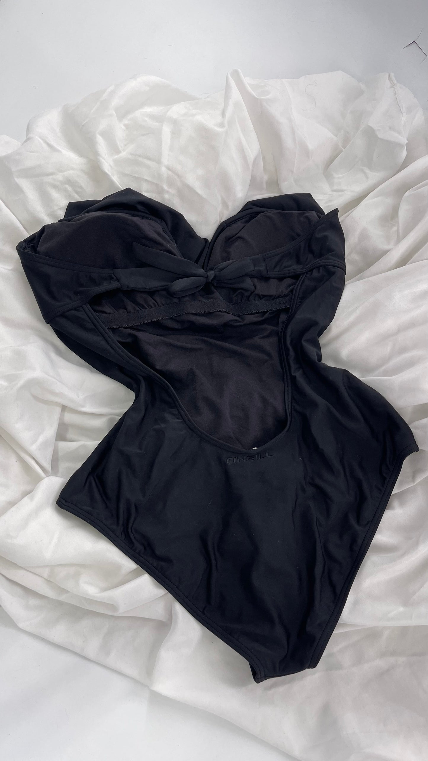 O’Neill Black Swimsuit with Built in Bra with Ruffled Bust, Open Back, Straps and Tags Attached (Large)