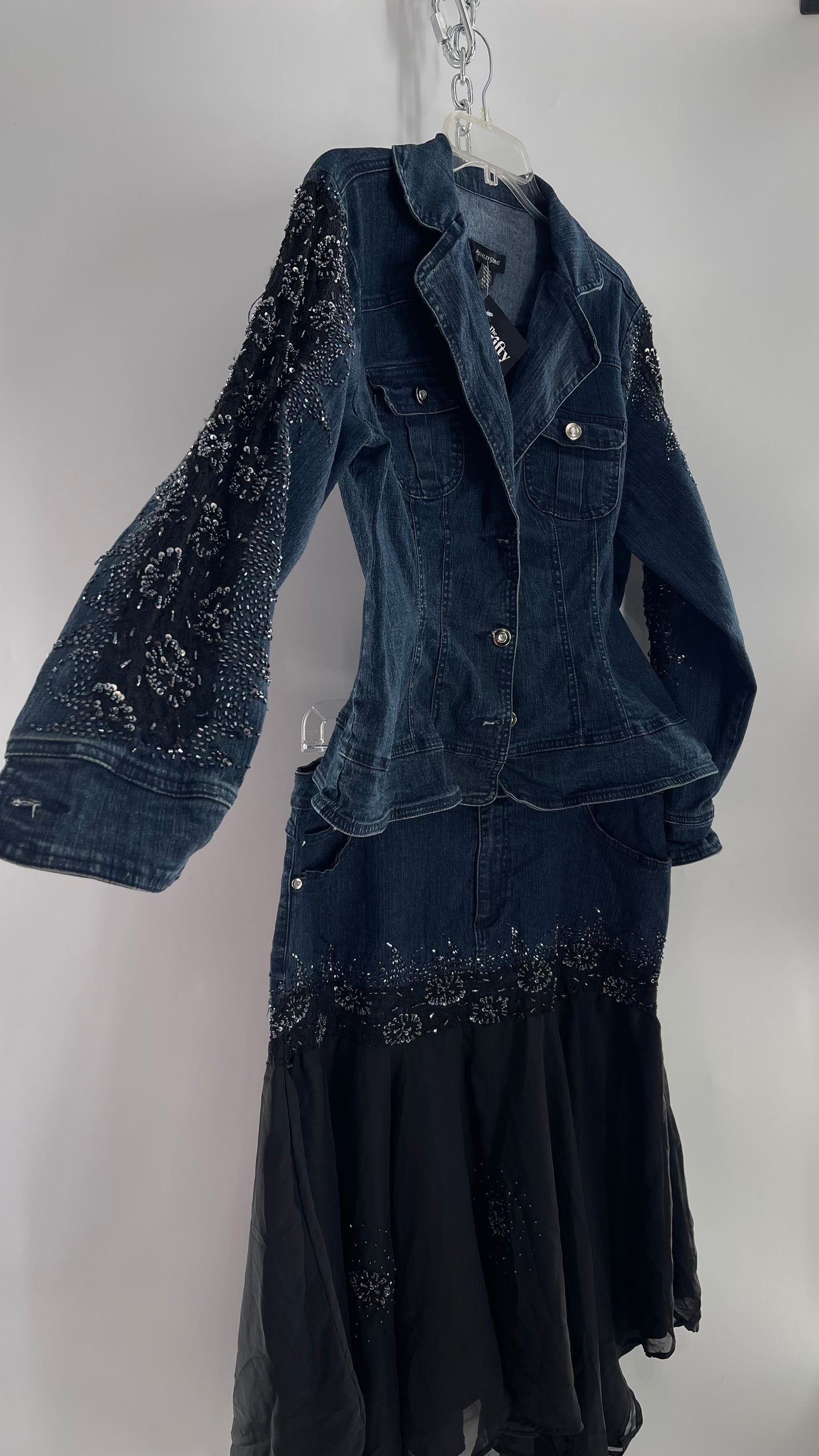 Vintage Ashley Stewart Denim Skirt and Button Up Set with Black Embroidered and Beaded Lace Details + Handkerchief Skirt (16W)