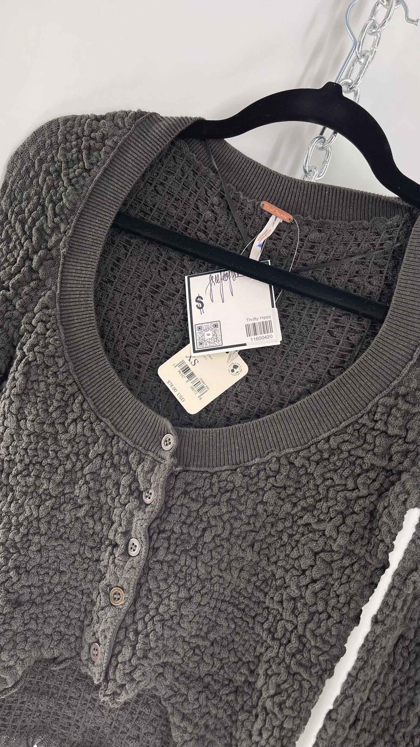 Free People Charcoal Grey Textured Stretchy Knit Button Front Cropped Long Sleeve with Tags Attached (XS)