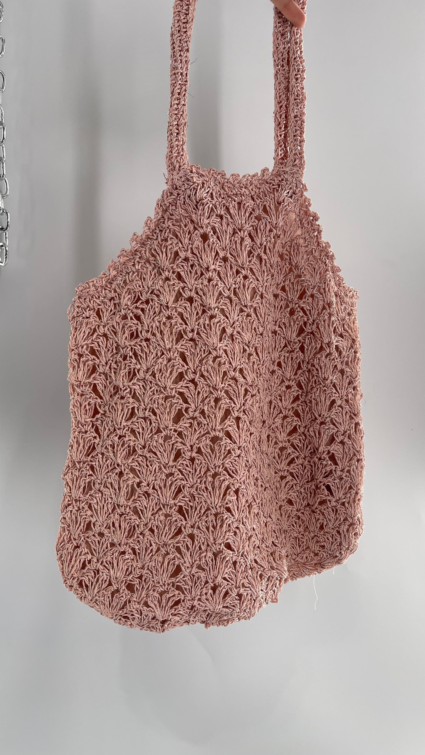 Urban Outfitters Baby Pink Straw Tote Bag with Silver Tinsel