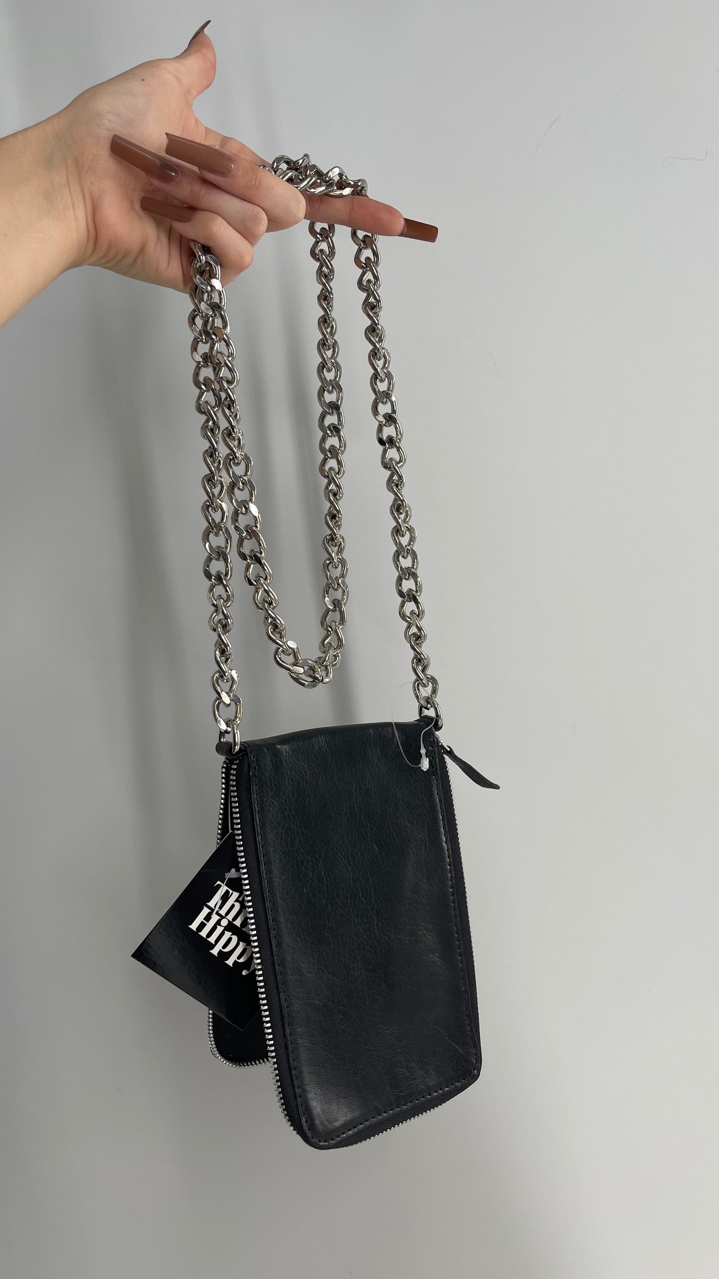 Free People Black Leather Phone Purse with Heavy Metal Chain Strap