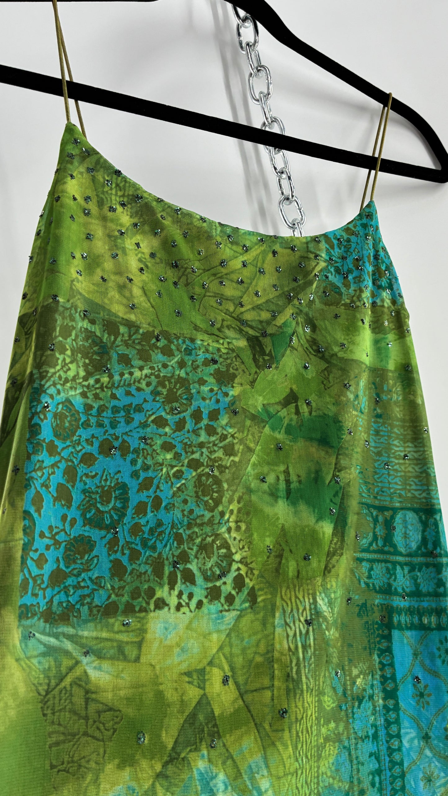 Vintage BYER TOO! CALIFORNIA Green and Blue Patchwork Patterned Midi Dress with Glitter Details and Slanted Cut (Medium)