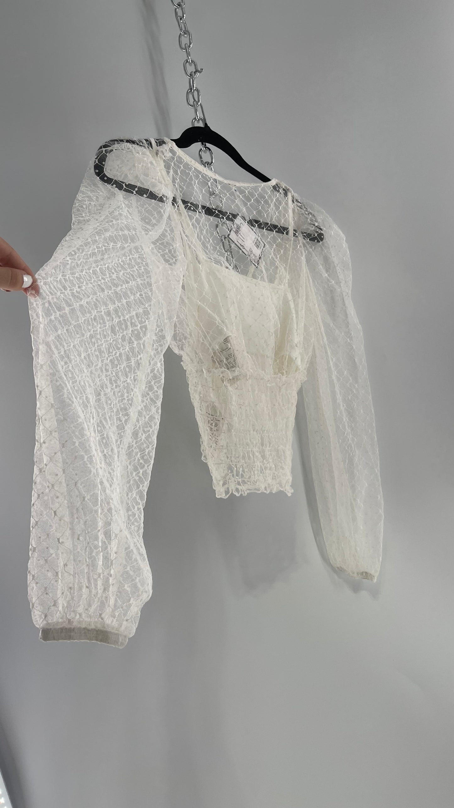 Free People White Embroidered Mesh Blouse with Keyhole Back and Balloon Sleeves (XS)