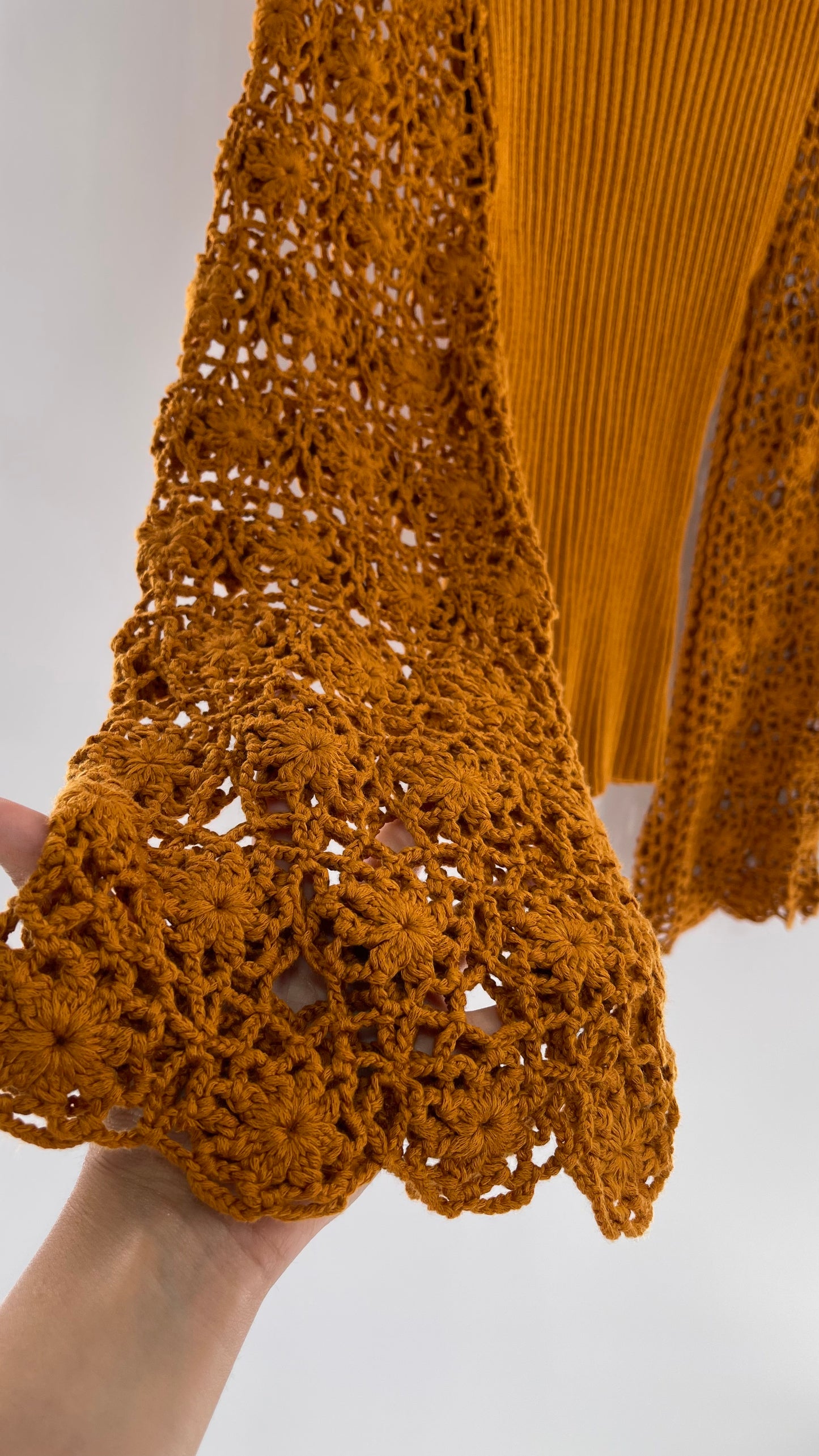 Love Colétte Mustard Sweater with Crochet Bell Sleeve (Large)