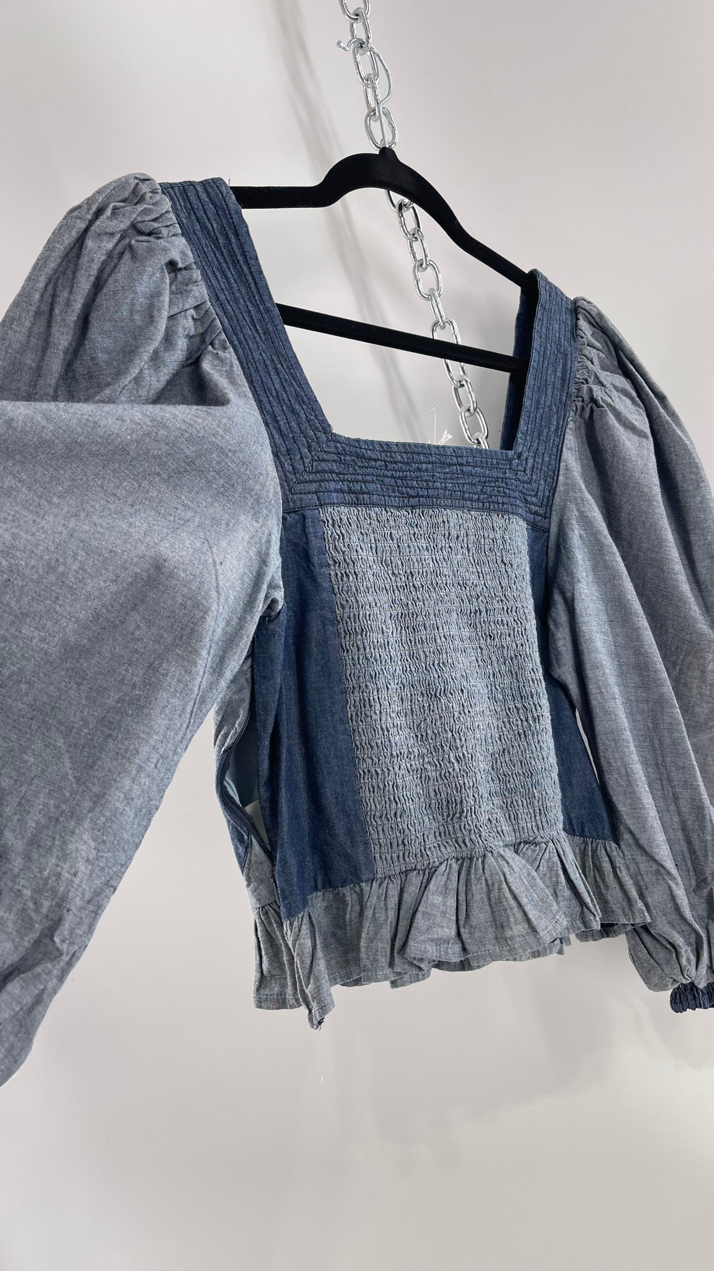 Love the Label ANTHROPOLOGIE Chambray, Chevron, Denim Smocked Blouse with Dramatic Sleeves and Tags Attached (Small)