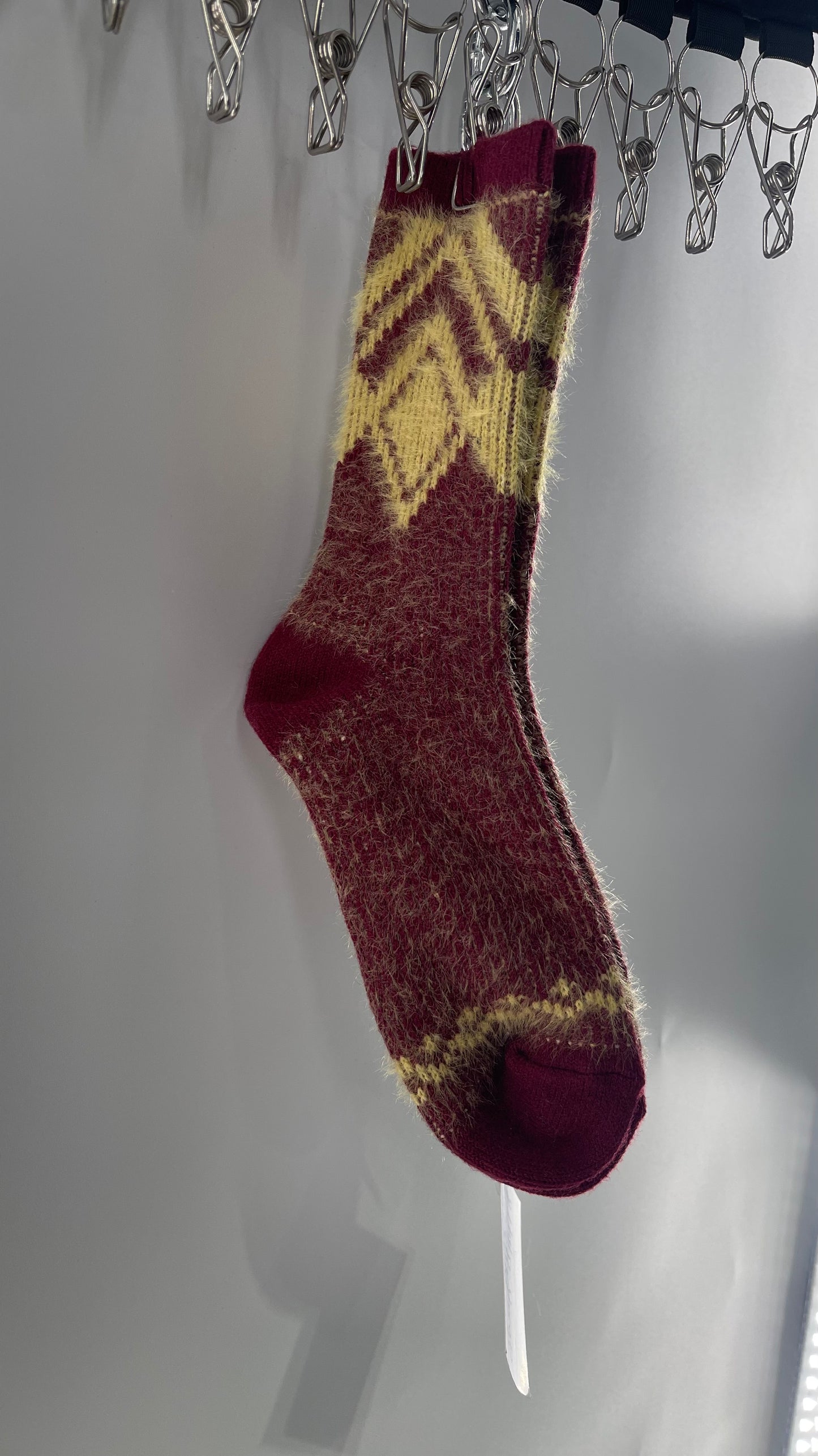 Free People Maroon/Burgundy Fuzzy Cozy Socks with Yellow Argyle Pattern