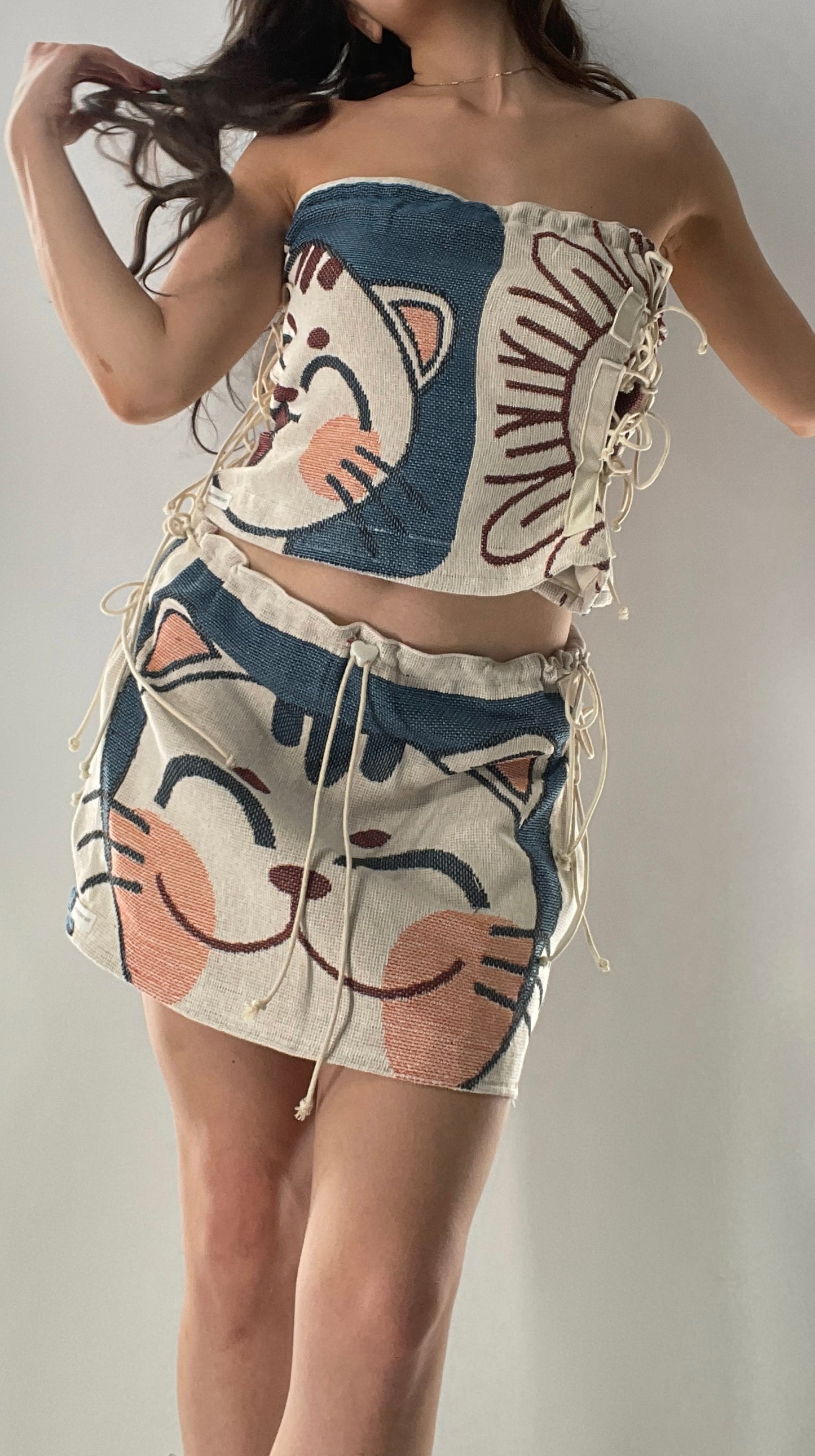 Vintage Tapestry Kitty 2pc Set with Adjustable Corseted Top and Adjustable Corseted Micro Skirt (S-L)