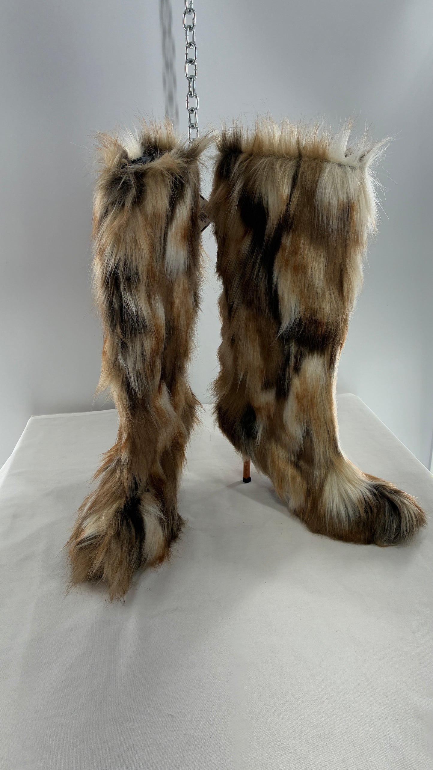 Vintage Mixed Tone Vegan Fur, Knee High, Pointed Toe Boots (43)