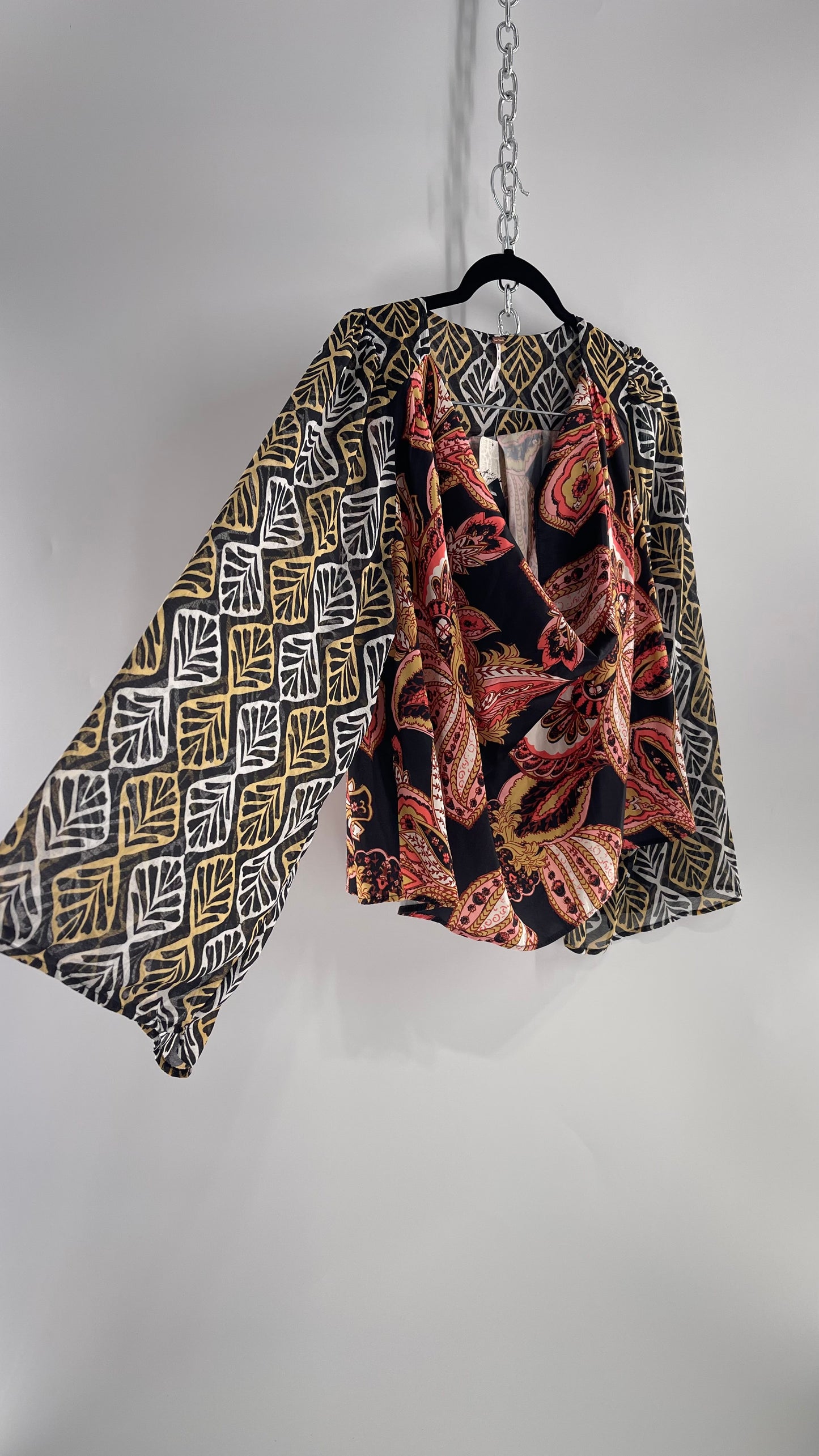 Free People Paisley Bodice Blouse with Sheer Contrast Sleeves, Draping Neckline and Tags Attached (Small)