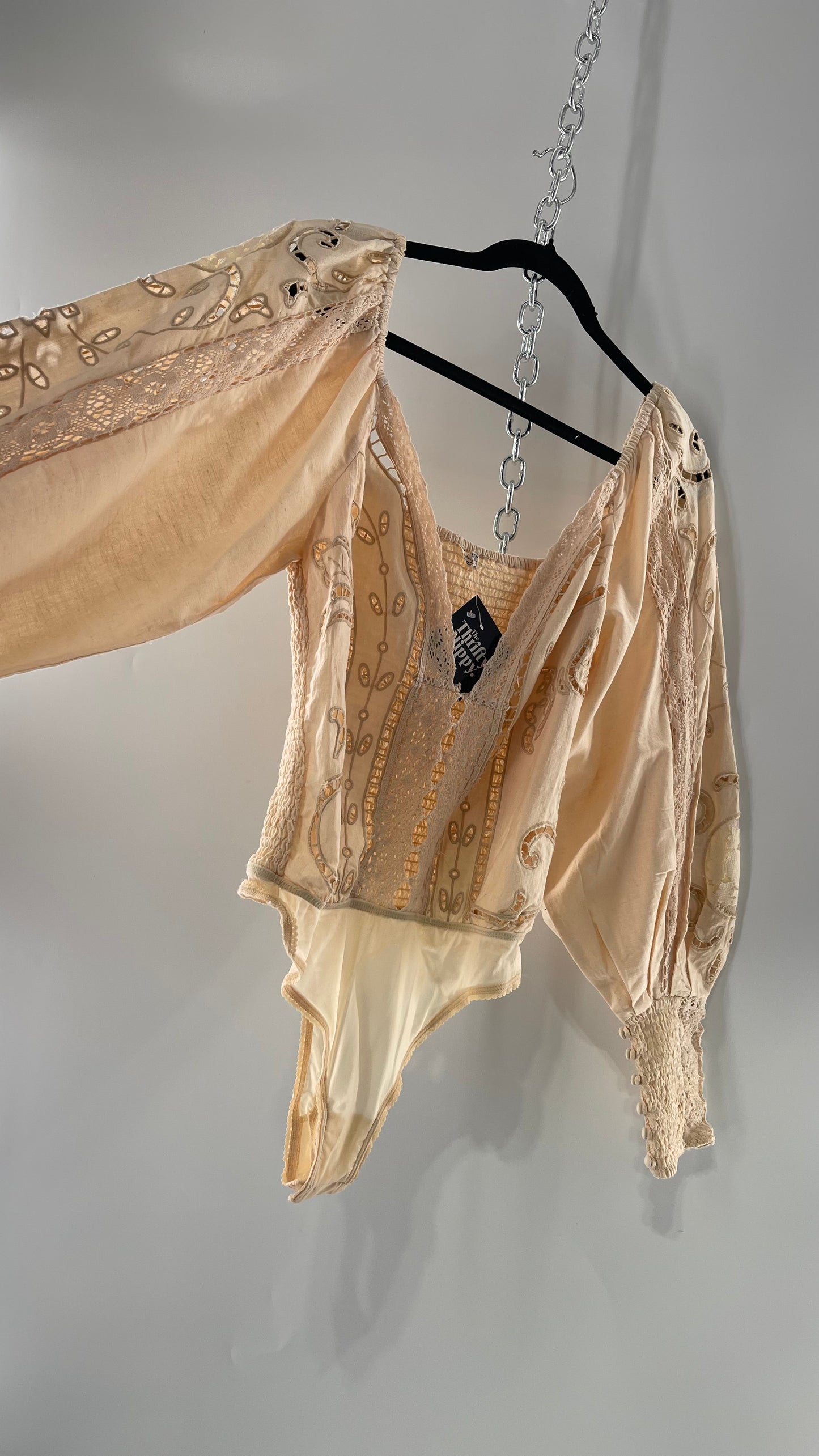 Free People Off White Cotton Bodysuit with Embroidered Lace Balloon Bishop Sleeve and Smocked, Buttoned Cuffs (Large)