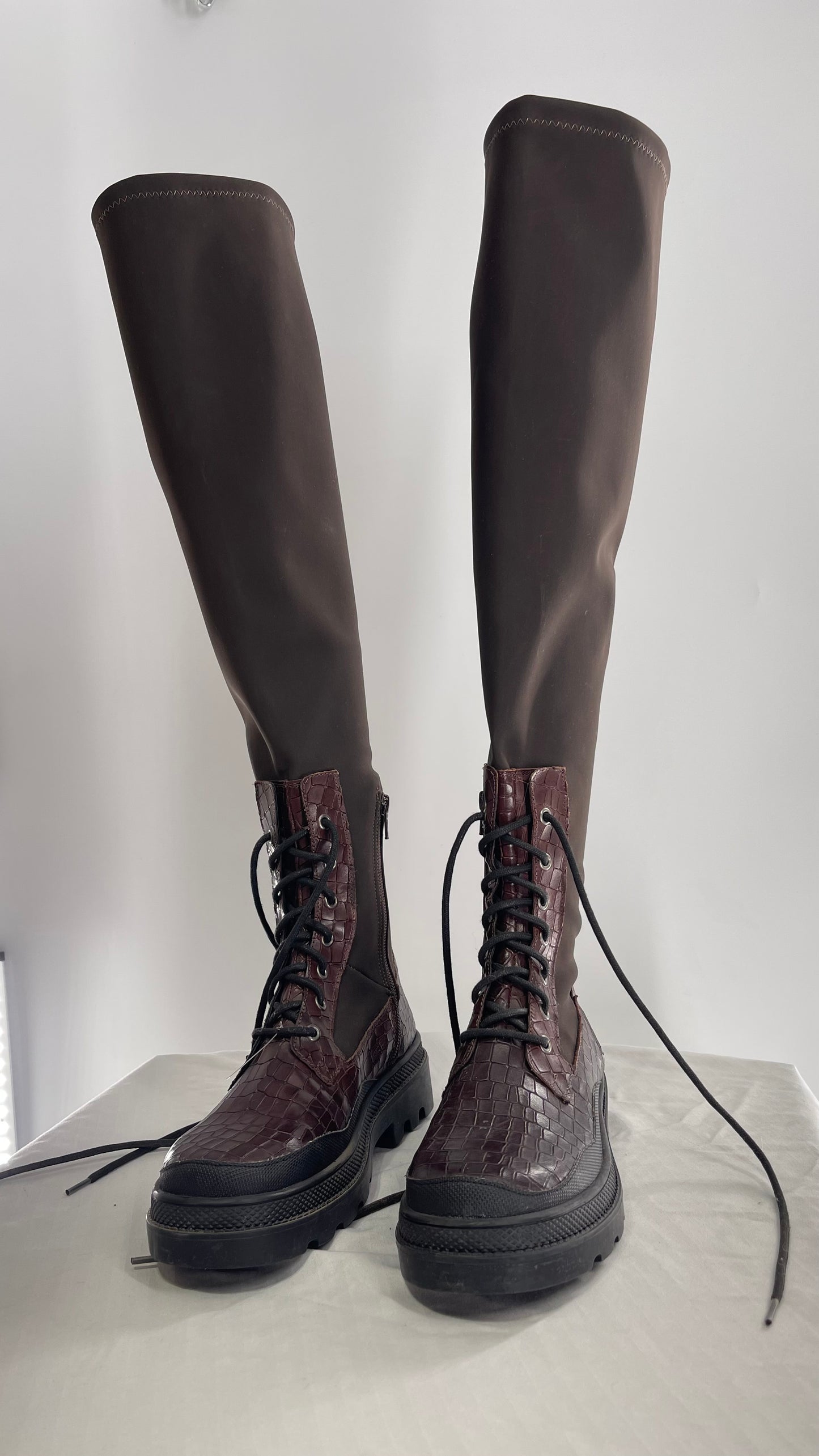 Free People Dark Brown Riding Style Embossed Knee High Platform Boots (39)
