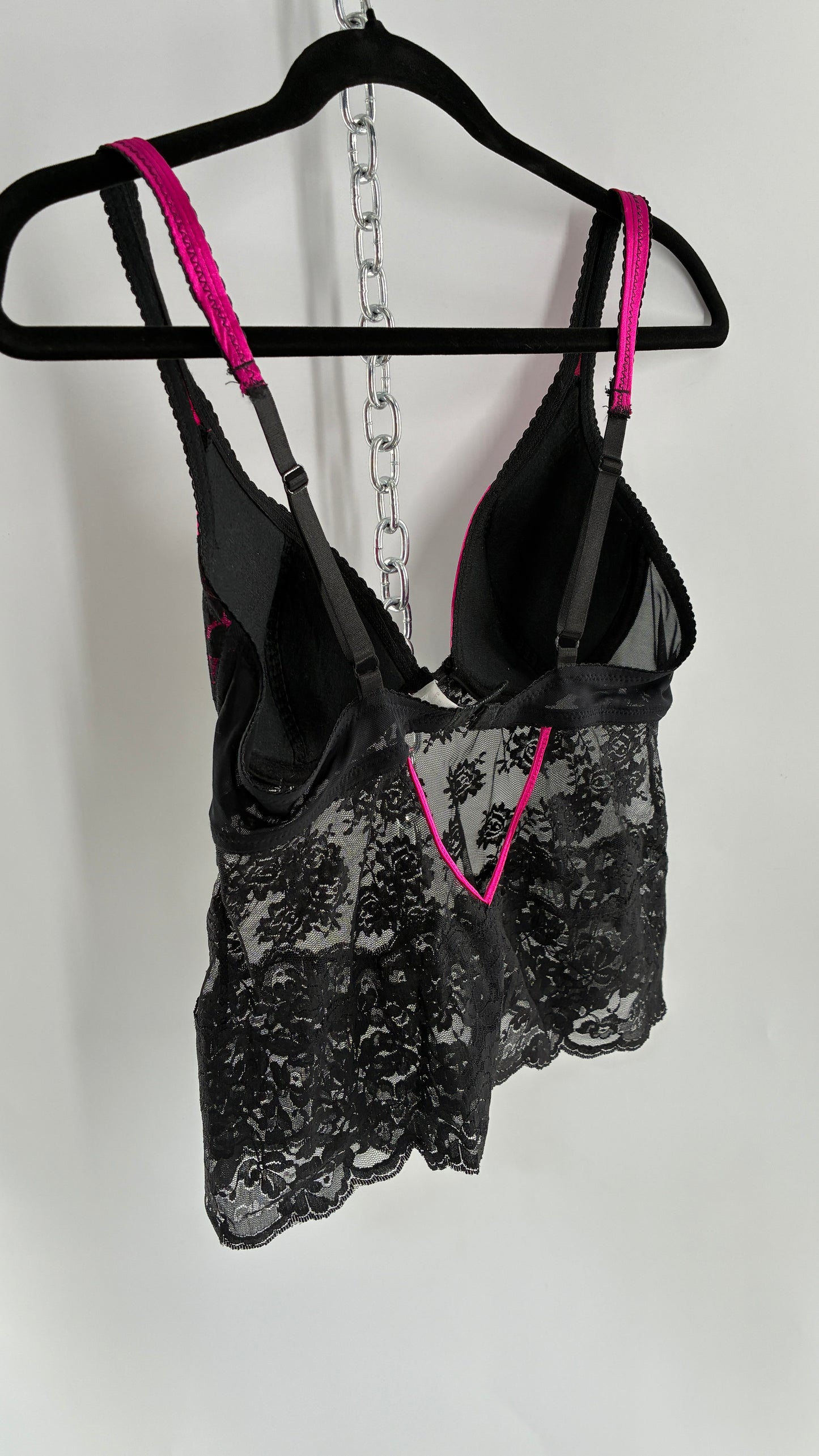 Vintage DONNA LOREN Black Lace Bustier with Satin Pink Cups (34C)