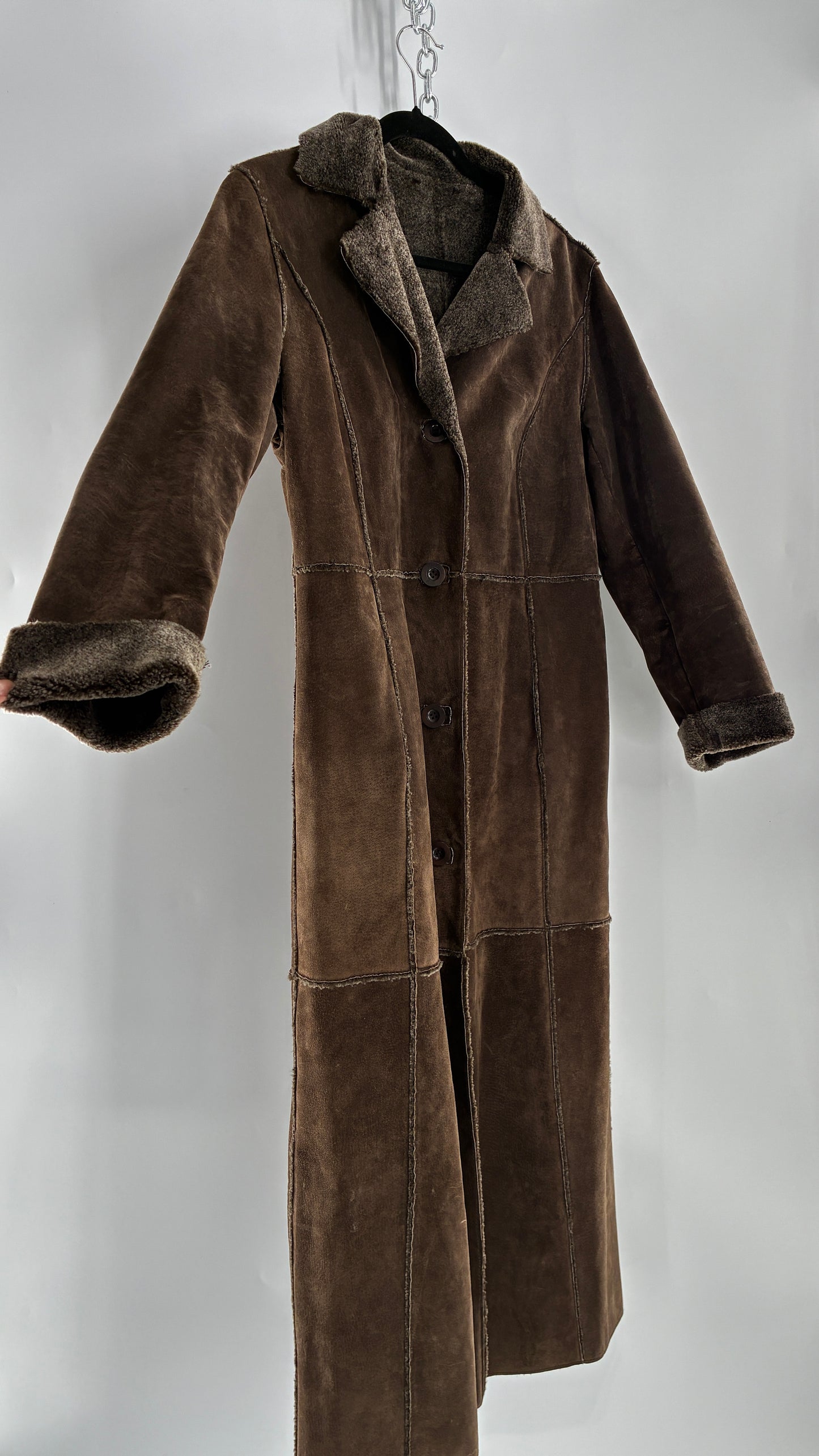 Vintage WINLIT Brown Full Length Paneled Suede Leather Coat (Small)