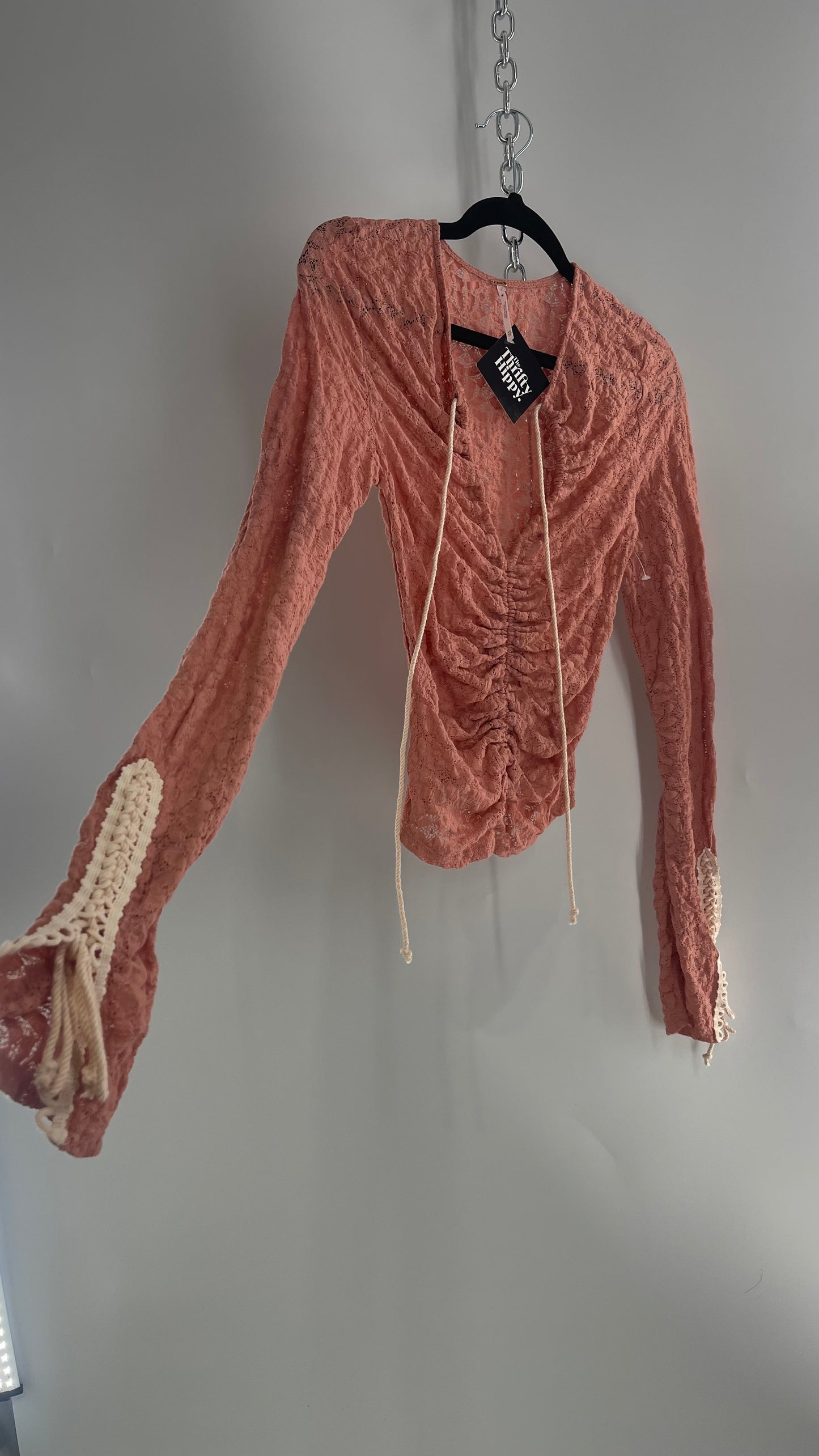 Free People Pink Lace Long Sleeve with Beige Lace Up Sleeve Detail (XS)