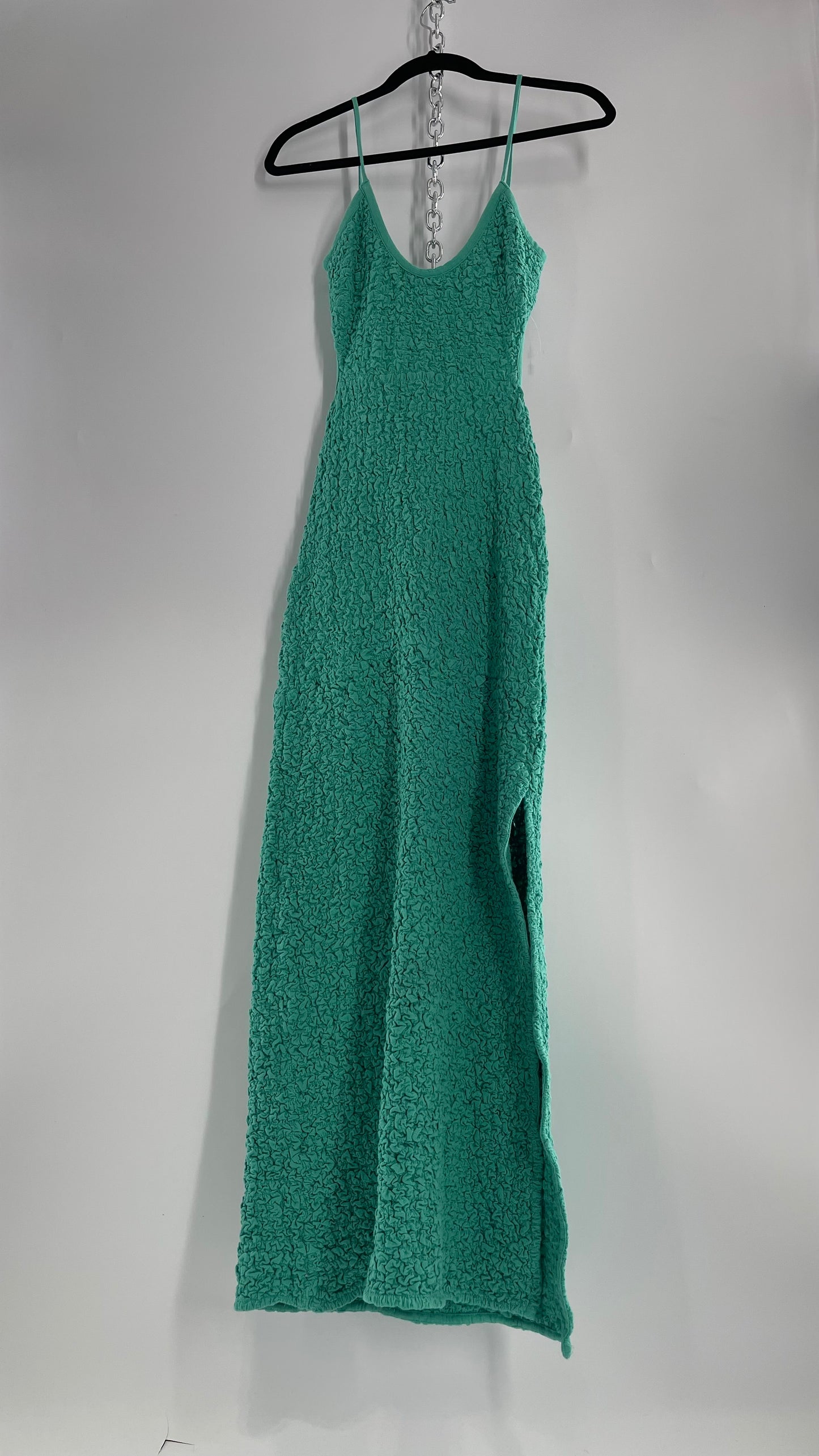 Free People Kelly Green Popcorn Maxi Dress with Low, Open Back Detail (XS)